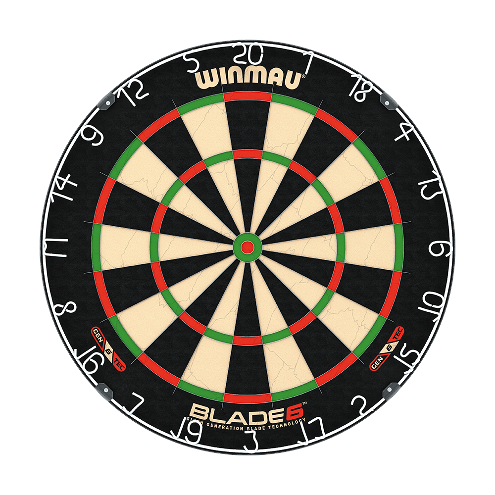 B6XLSET_Winmau_Blade_6_Dartboard_Set_mit_2_Sets_Darts_und_Winmau_Surround_2 Das Bild zeigt eine Winmau Blade 6 Dartscheibe mit deutlicher Segmentierung und farbigen Markierungen. Im unteren Bereich ist der Schriftzug "BLADE 6" zu sehen.