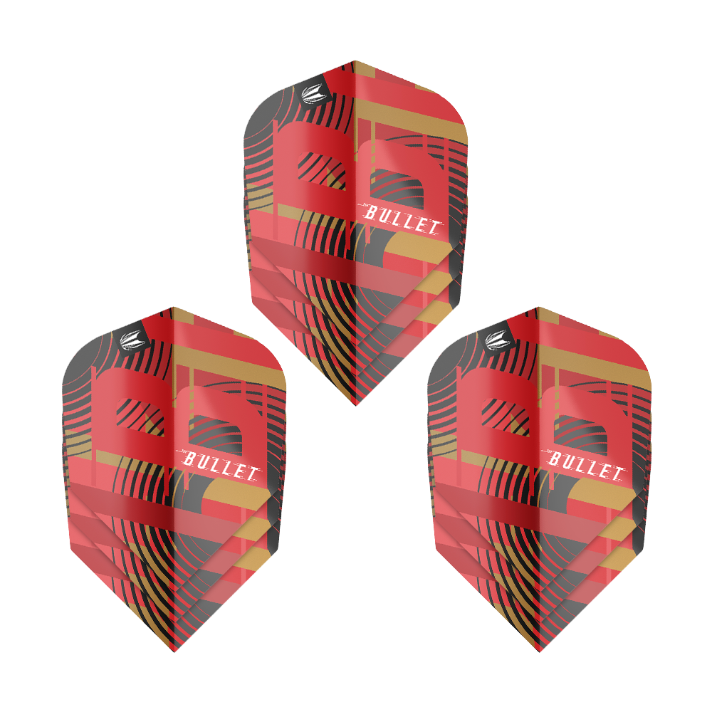 Target Pro Ultra Stephen Bunting GEN5 No6 Flights - 3 Sets Das Bild zeigt drei Sets von Target Pro Ultra Stephen Bunting GEN5 No6 Flights. Die Flights haben ein auffälliges Design in Rot, Schwarz und Gold mit dem Schriftzug "Bullet".