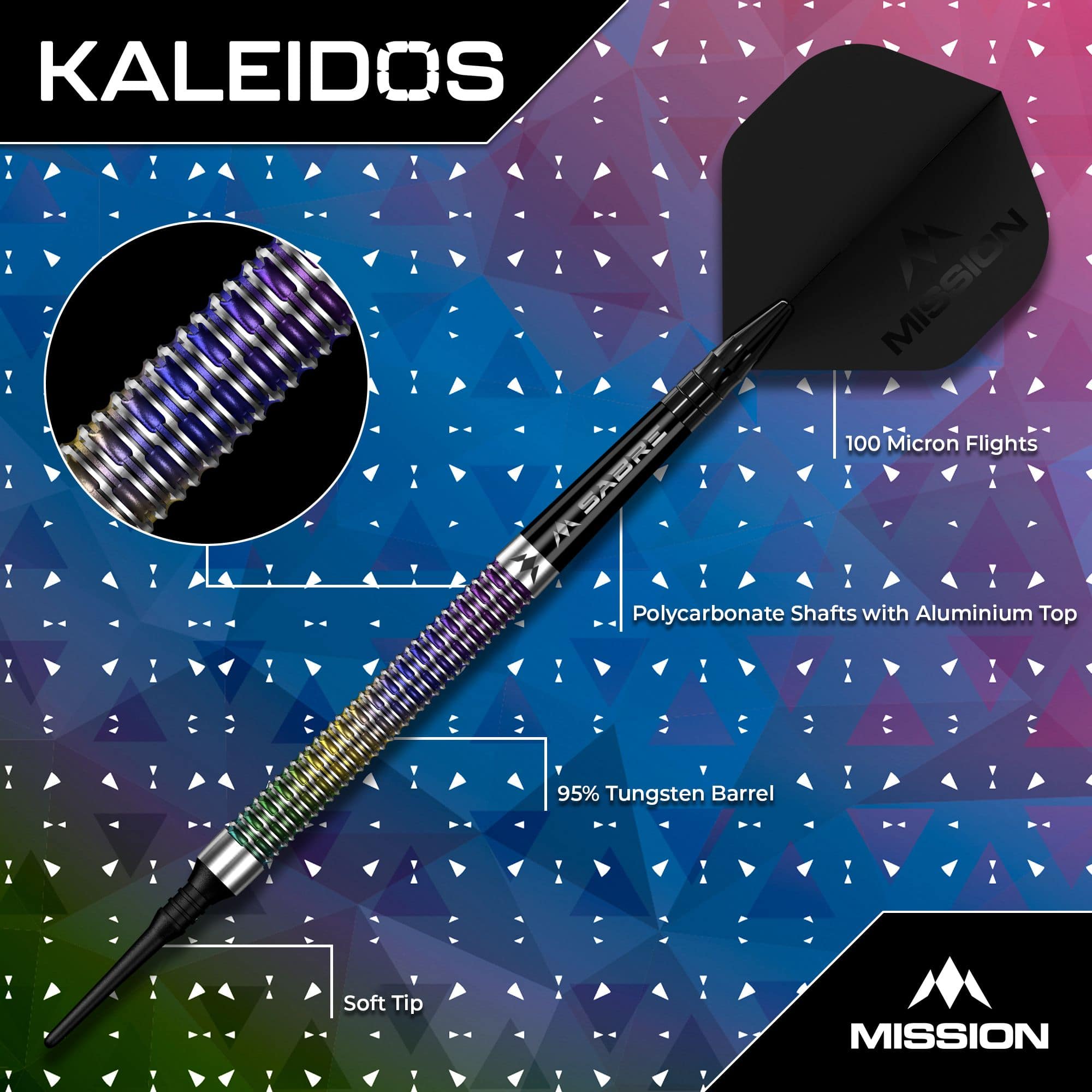 Das Foto zeigt Mission Kaleidos Softdarts - 19g. Es handelt sich um hochwertige Darts für Hobby- und Profispieler.