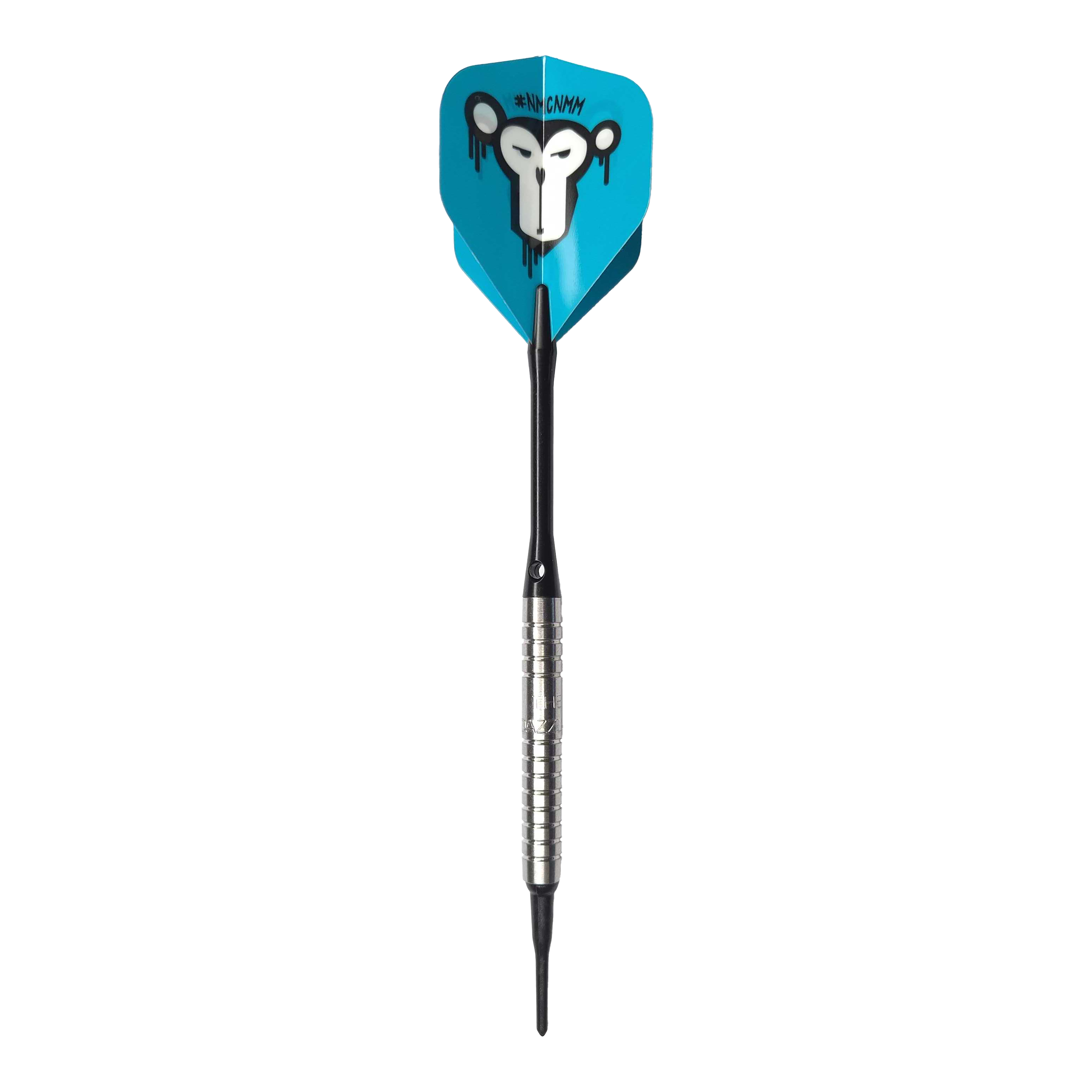 McDart 85 Tungsten V15 Softdarts - 16.5g Der McDart 85er Tungsten V15 Softdart wiegt 16,5g und hat ein silbernes, geriffeltes Barrel. Die Flights sind blau und zeigen das Bild eines stilisierten Affengesichts.