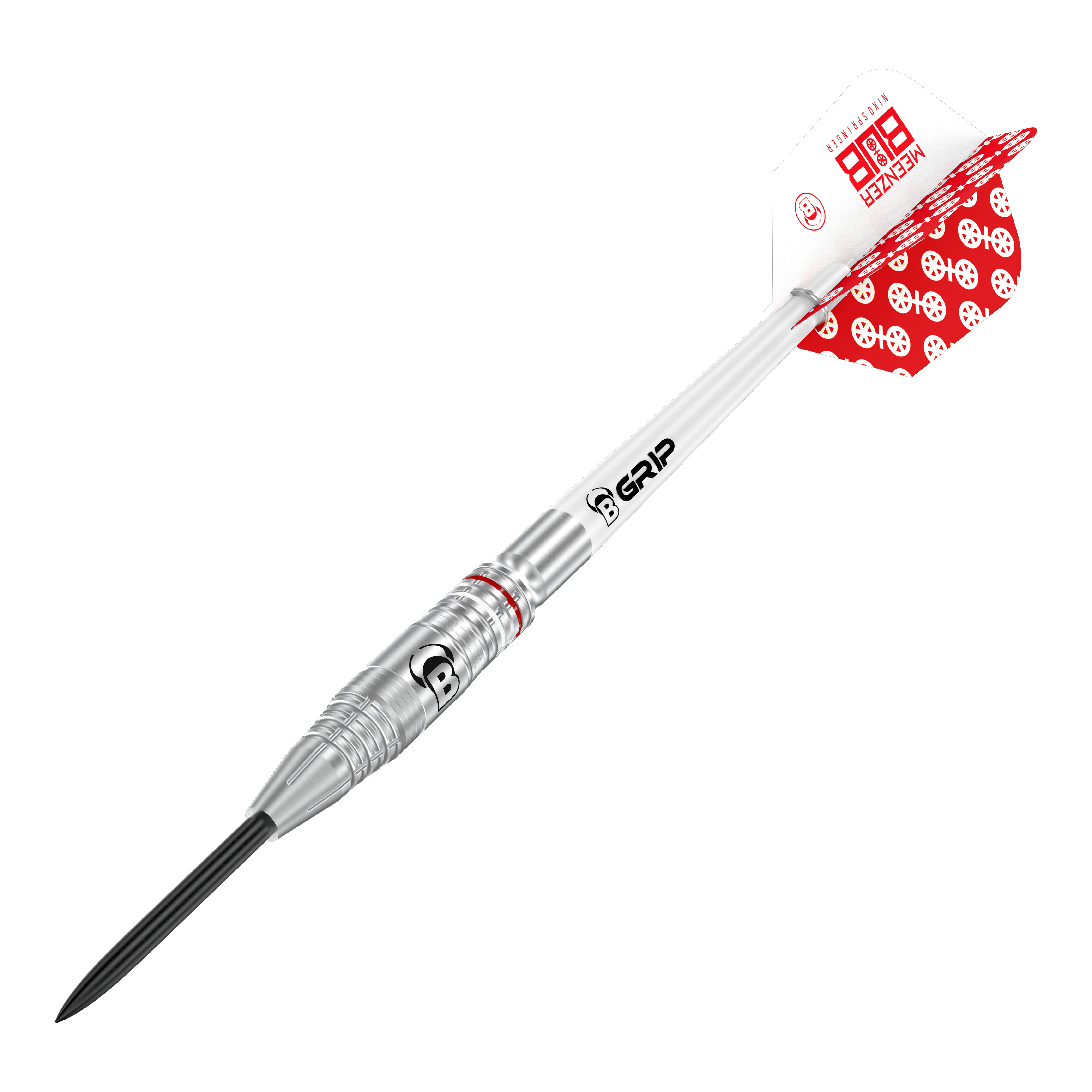 Bulls Niko Springer steel darts Das Bild zeigt einen Bulls Niko Springer Steeldart. Der Dartpfeil ist silberfarben und hat rote und weiße Flights mit Muster.
