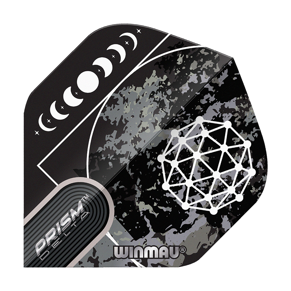 Winmau Prism Delta Callisto No2 Standard Flights Das Bild zeigt das Produkt "Winmau Prism Delta Callisto No2 Standard Flights". Es hat ein schwarzes Design mit Mondphasen und geometrischem Muster.