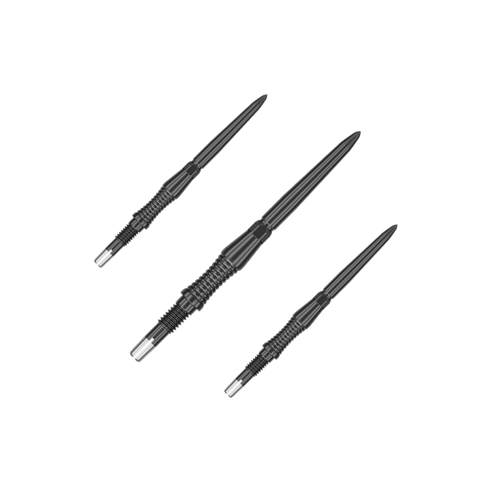 Das Bild zeigt schwarze Dartspitzen mit RST-Design, 30mm, von Target Swiss Point. Die Aufnahme präsentiert die Spitzen als Set.