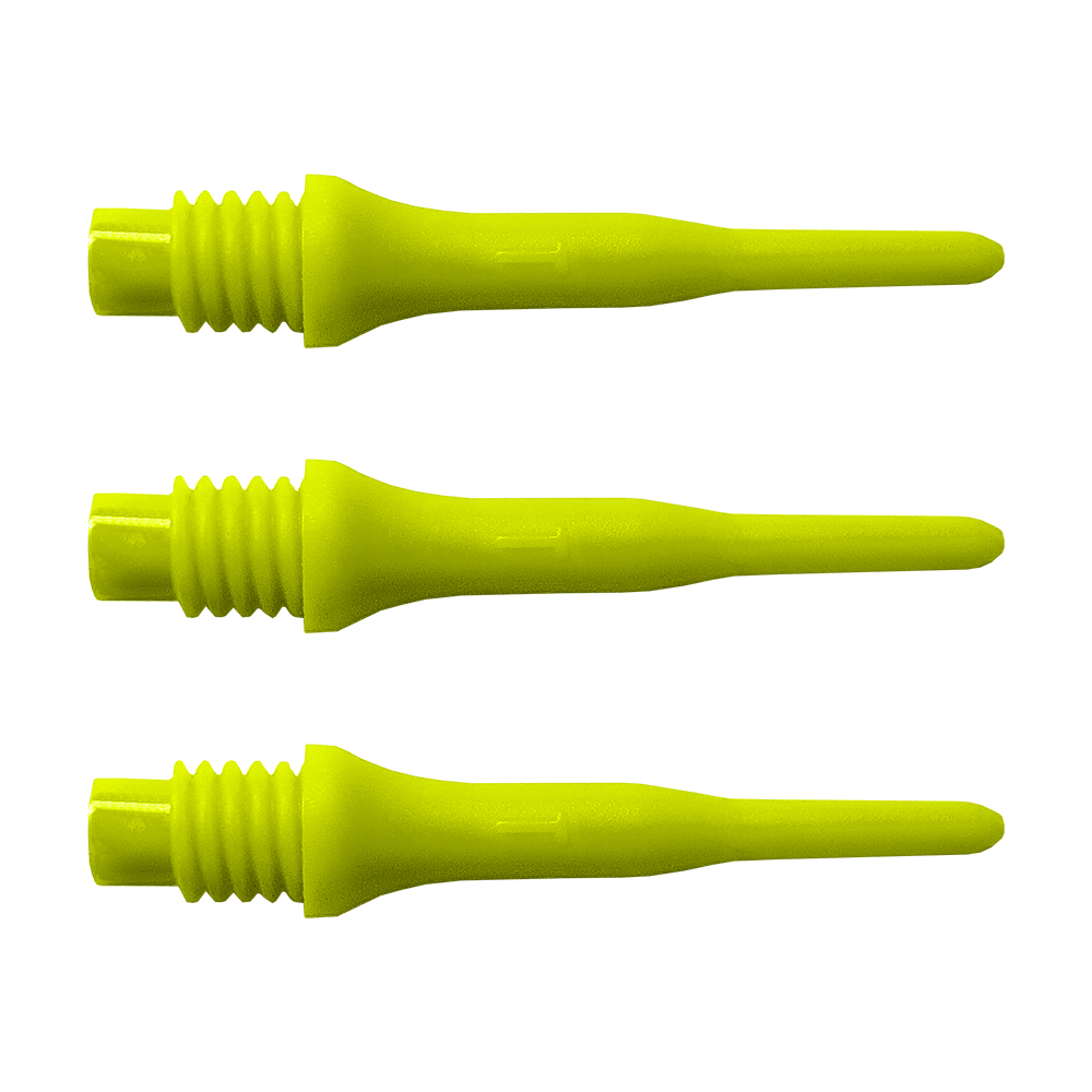 896_Bulls_Tefo_X_Softdart-Spitzen_100erPack_Neongelb_1hsdYuietI2Co8 Das Bild zeigt drei gelbe Dartspitzen nebeneinander. Es handelt sich um die Bulls Tefo X Spitzen aus einer 1000er Packung.