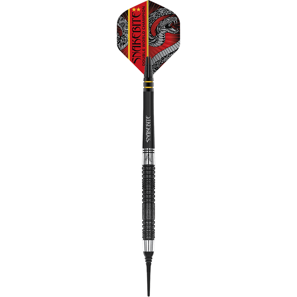 Dies ist ein schwarzer Softdart der Marke Red Dragon, Modell "Peter Wright Double World Champion SE" mit 20g Gewicht. Auf dem Flight steht "Snakebite Double World Champion" und es ist ein Schlangenmuster abgebildet.