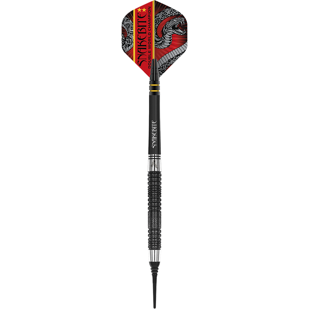 RD2411_Red_Dragon_Peter_Wright_Double_World_Champion_SE_Black_Softdarts_1foRMtx879kjgS Dies ist ein schwarzer Softdart der Marke Red Dragon, Modell "Peter Wright Double World Champion SE" mit 20g Gewicht. Auf dem Flight steht "Snakebite Double World Champion" und es ist ein Schlangenmuster abgebildet.