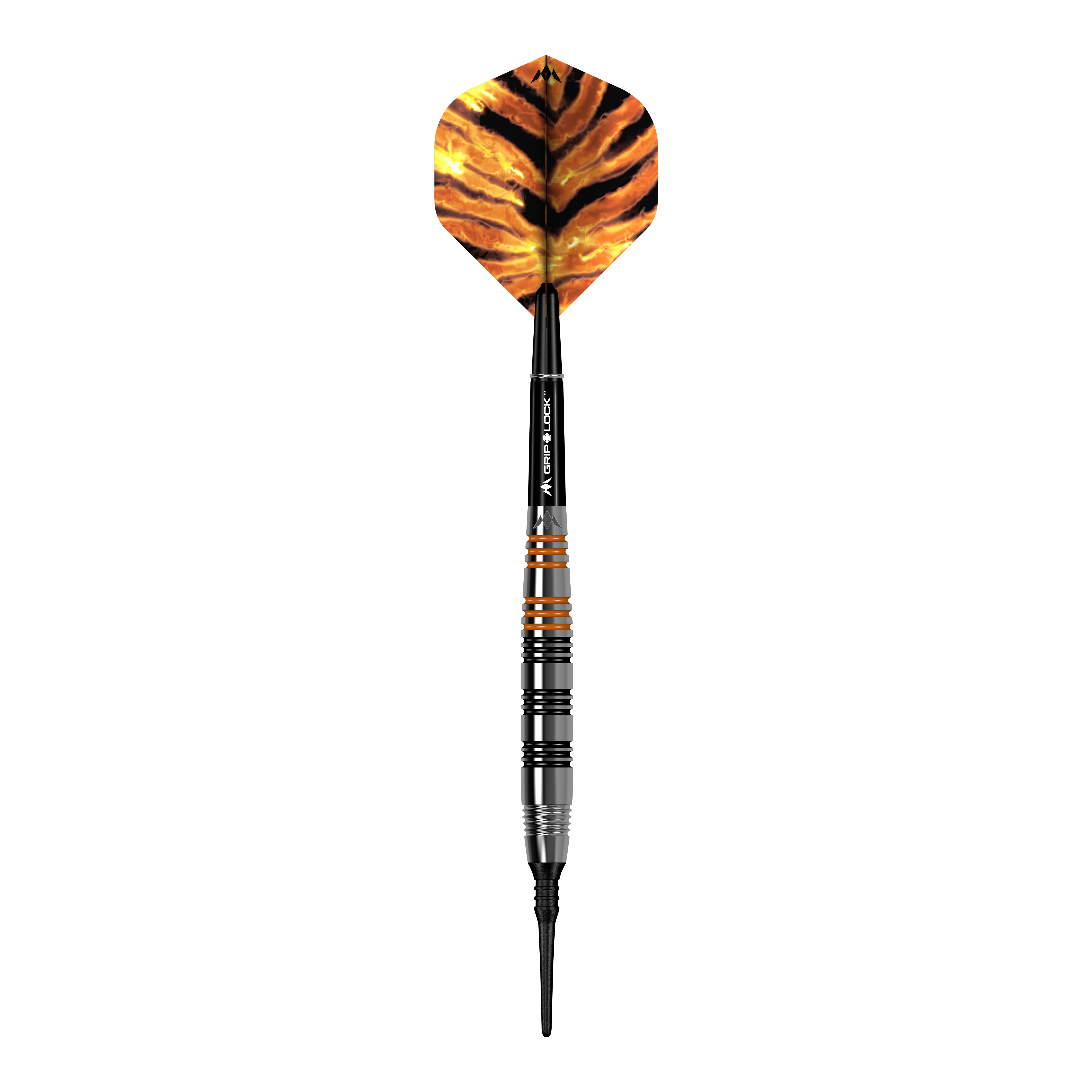 Das Bild zeigt einen Softdart namens "Mission Javan Brass Softdarts - 18g". Der Dart hat eine schwarz-orangene Spitze und eine Flügel mit einem Tigerstreifenmuster.