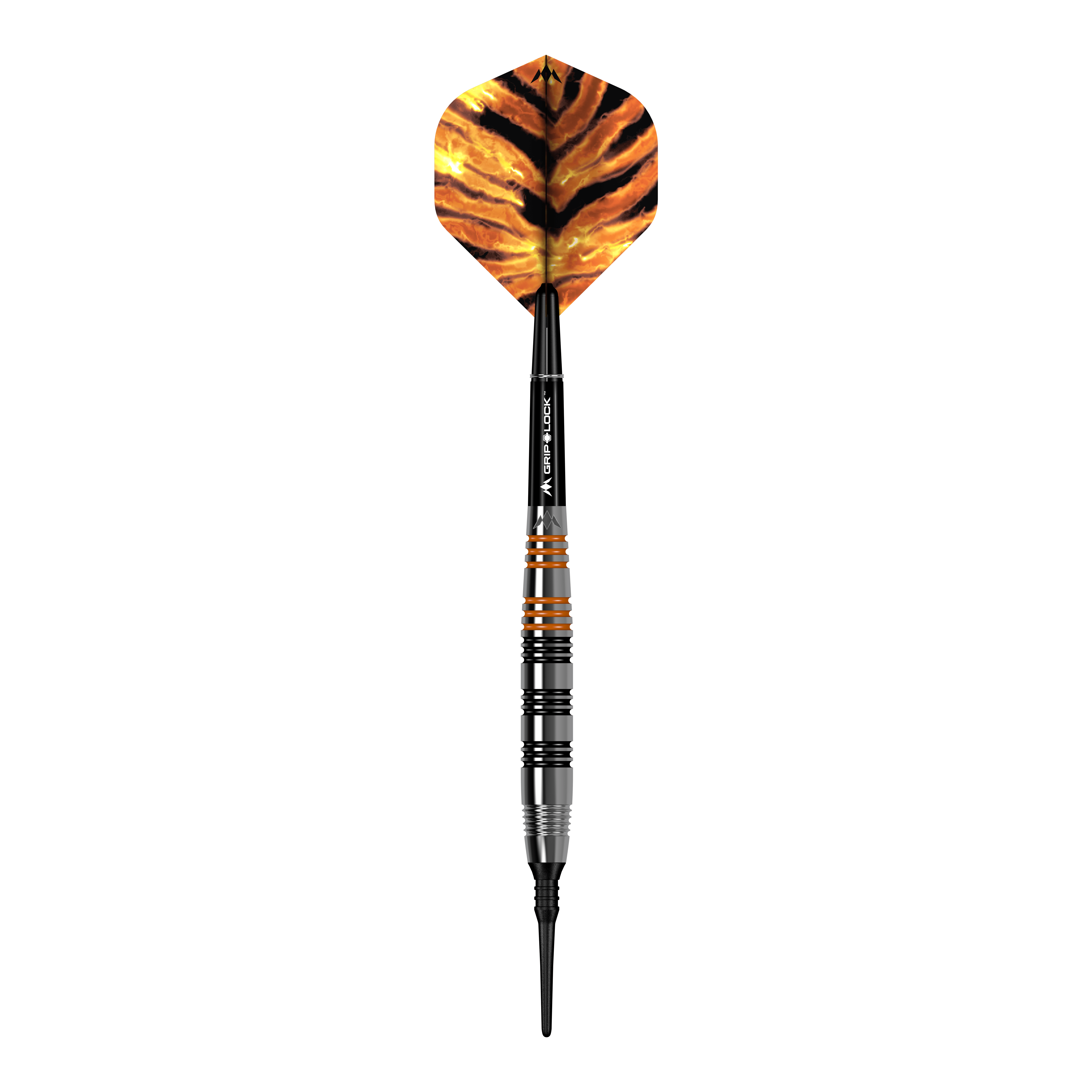 Mission Javan Brass Soft Darts - 18g Das Bild zeigt einen Softdart namens "Mission Javan Brass Softdarts - 18g". Der Dart hat eine schwarz-orangene Spitze und eine Flügel mit einem Tigerstreifenmuster.