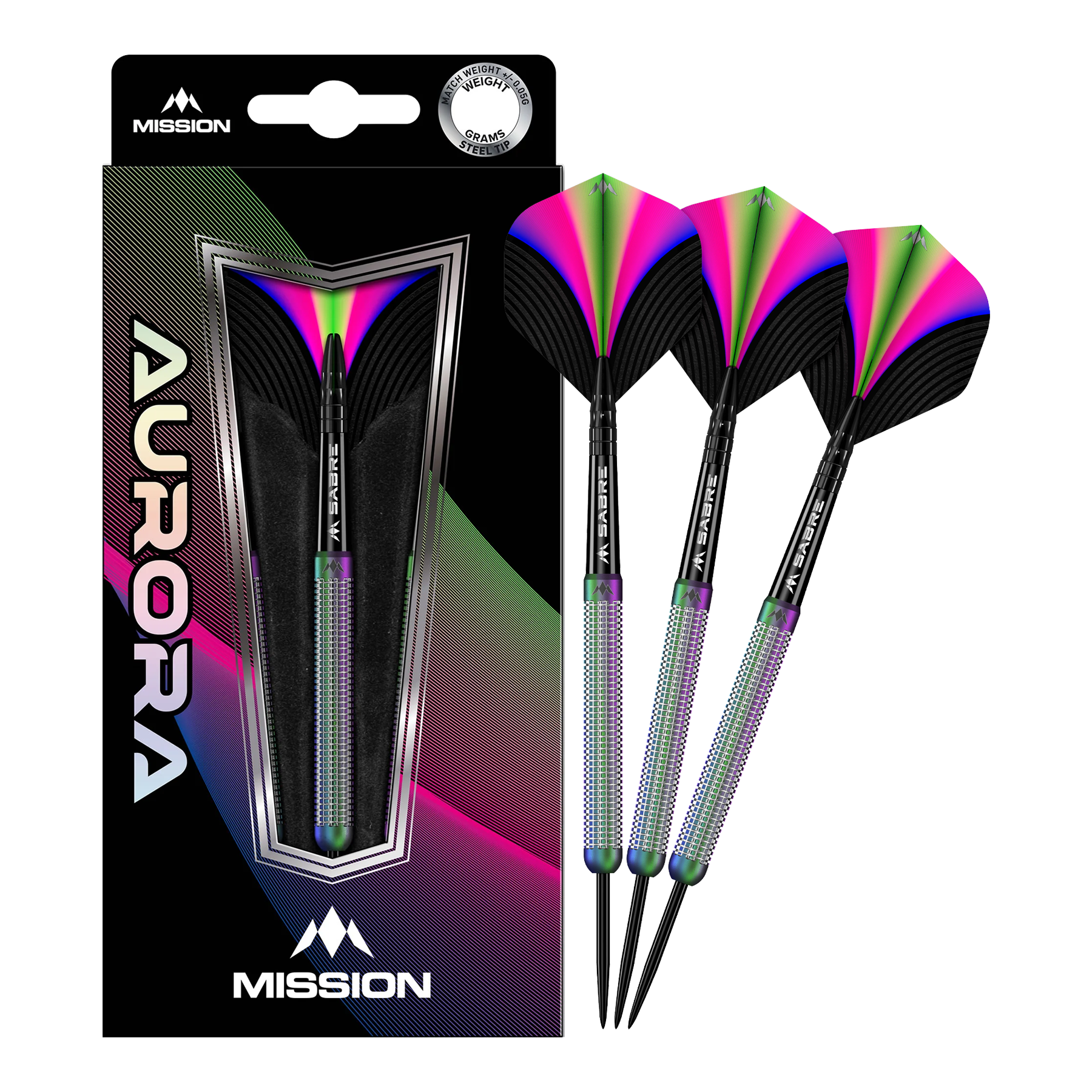 Das Bild zeigt eine Packung mit Mission Aurora Coral PVD Steeldarts in 23g. Die Darts haben ein auffälliges, buntes Design mit schwarzen, grünen, pinken und blauen Akzenten.