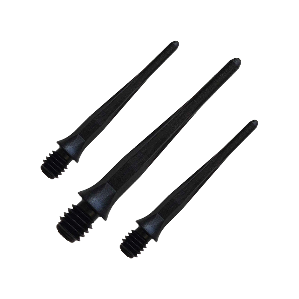 Zu sehen ist ein Set der Caliburn 2BA Softdartspitzen Schwarz im 50er Pack. Diese Spitzen bieten zuverlässigen Halt für Dartspieler.