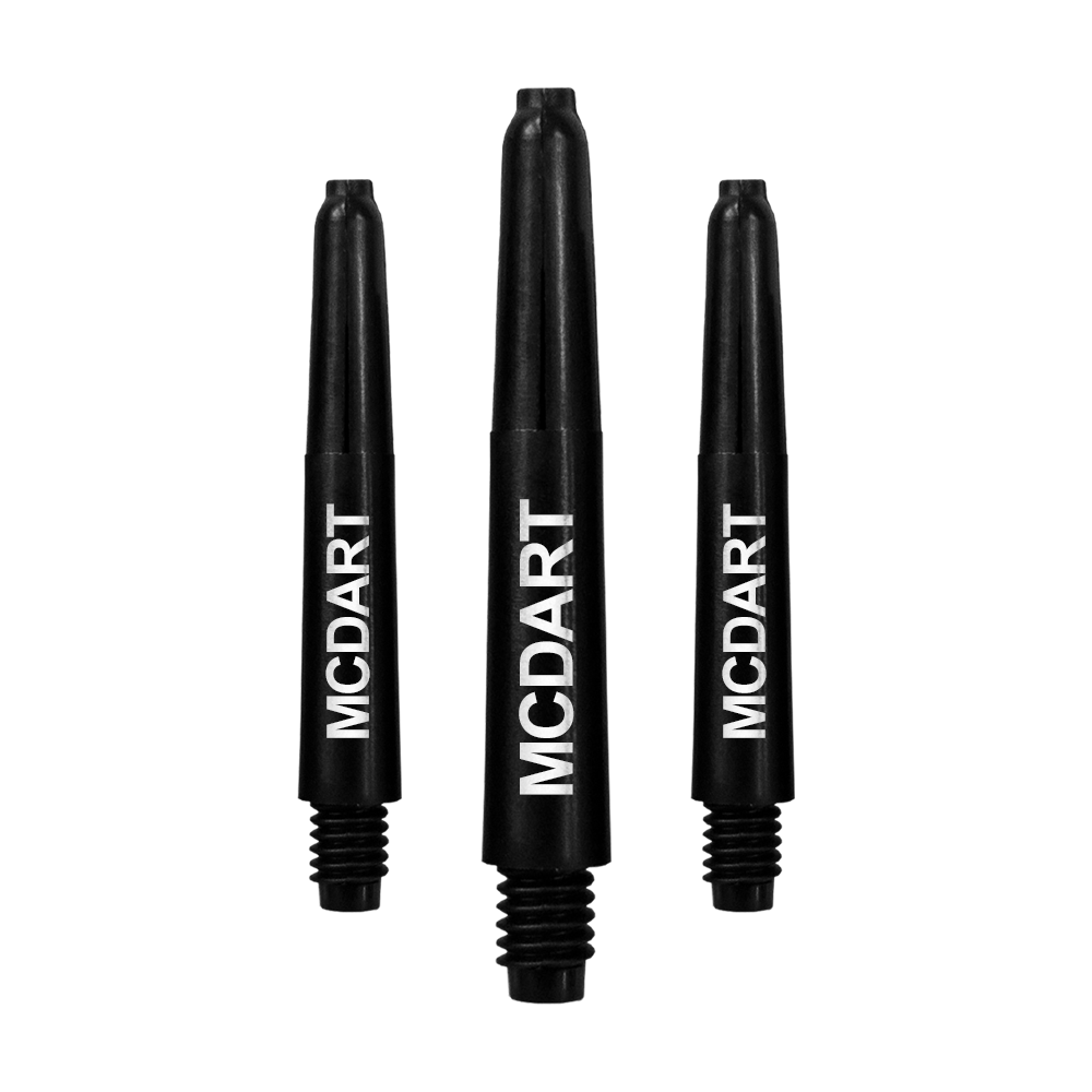MD-609_Nylon_Shafts_mit_Wunschdruck_Schwarz_35mm_1 Auf dem Bild sind drei schwarze Dartschäfte zu sehen. Auf jedem Schaft steht der weiße Schriftzug "MCDART".