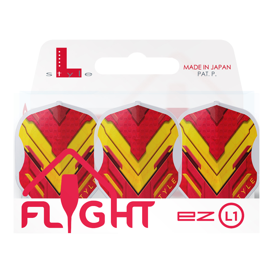 L-Style V-Series V1 Type A Spain Clear White L1EZ Flights Das Bild zeigt die L-Style V-Series V1 Type A Spain Clear White L1EZ Flights für Dartpfeile. Die Flights haben ein auffälliges rotes und gelbes Design und sind in einer transparenten Verpackung zu sehen.