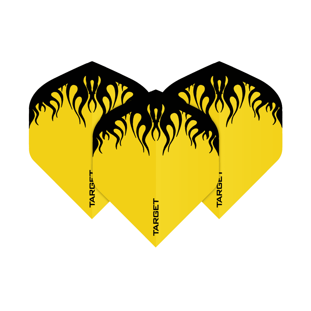 TG83_Target_Yellow_Flame_No2_Standard_Flights_1 Das Bild zeigt drei Dart-Flights mit einem gelben und schwarzen Flammendesign. Auf jedem Flight steht unten das Wort "TARGET".
