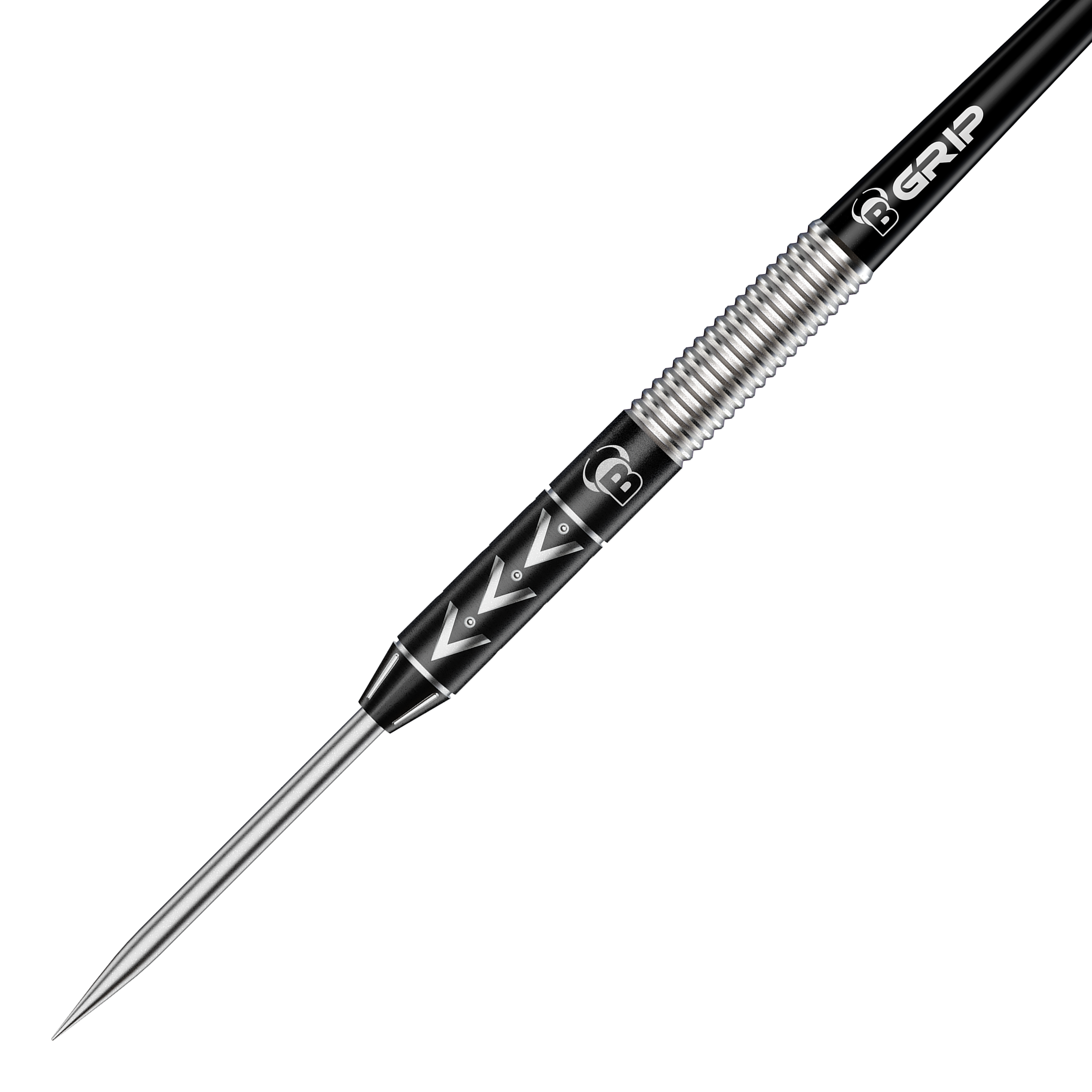 Bulls Challenger Arno Merk steel darts - 22g Das Bild zeigt einen Bulls Challenger Arno Merk Steeldart mit einem Gewicht von 22g. Der Dartpfeil hat ein silber-schwarzes Design mit markanten Rillen und einem spitzen Metallende.