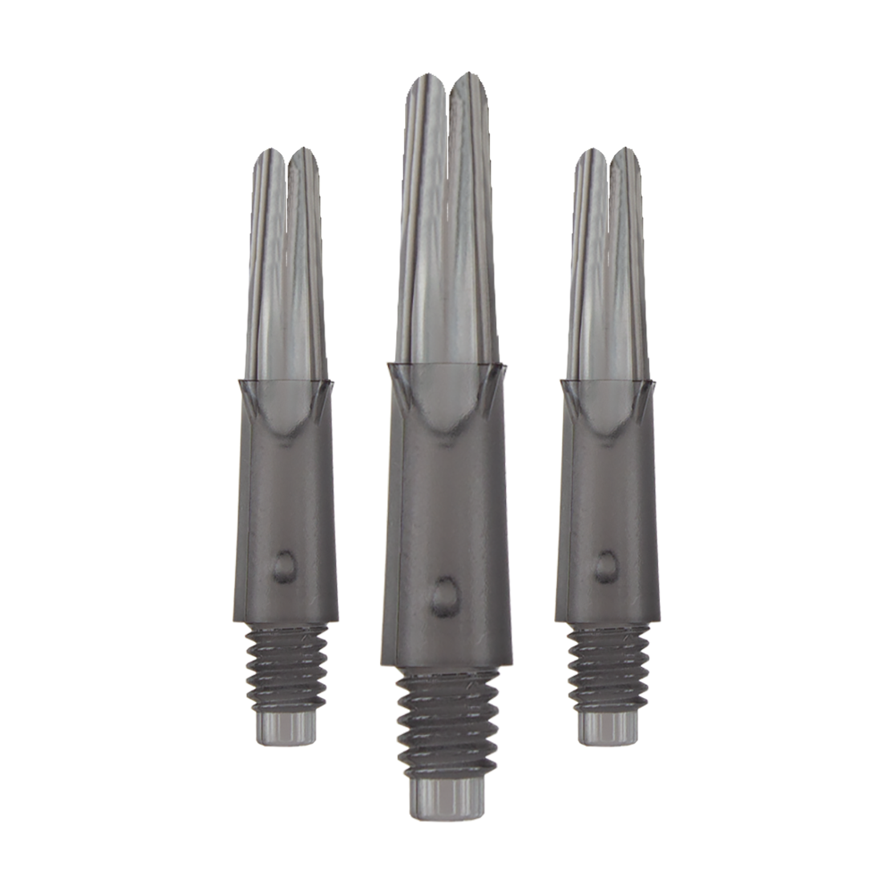 L-L-Style-Shafts Locked Straight - Clear Black Auf dem Bild sind drei transparente, schwarze Dart-Schäfte zu sehen. Sie stehen aufrecht nebeneinander und haben ein Gewinde am unteren Ende.