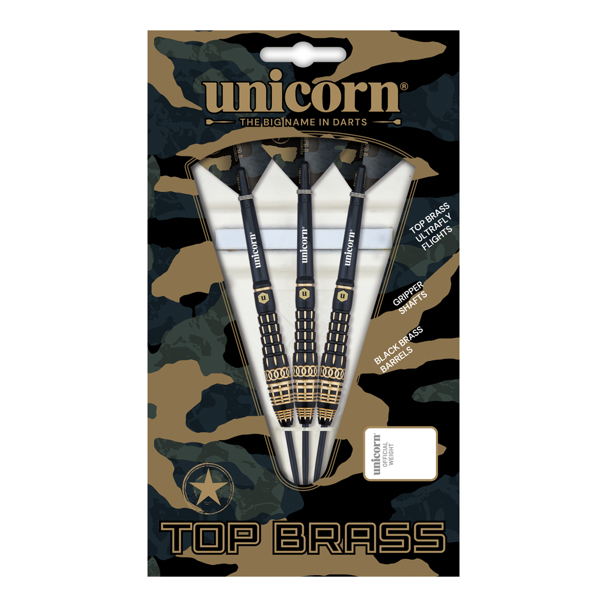 Unicorn Top Brass V4 Steeldarts - 20g Das Bild zeigt die "Unicorn Top Brass V4 Steeldarts - 20g" in ihrer Verpackung. Die Darts haben schwarze und goldene Akzente und sind für präzises Werfen konzipiert.