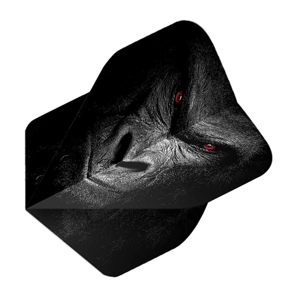 Pentathlon Flights Gorilla Das Bild zeigt das Produkt "Pentathlon Gorilla No2 Standard Flights". Auf dem Flight ist das Gesicht eines Gorillas mit markanten roten Augen abgebildet.