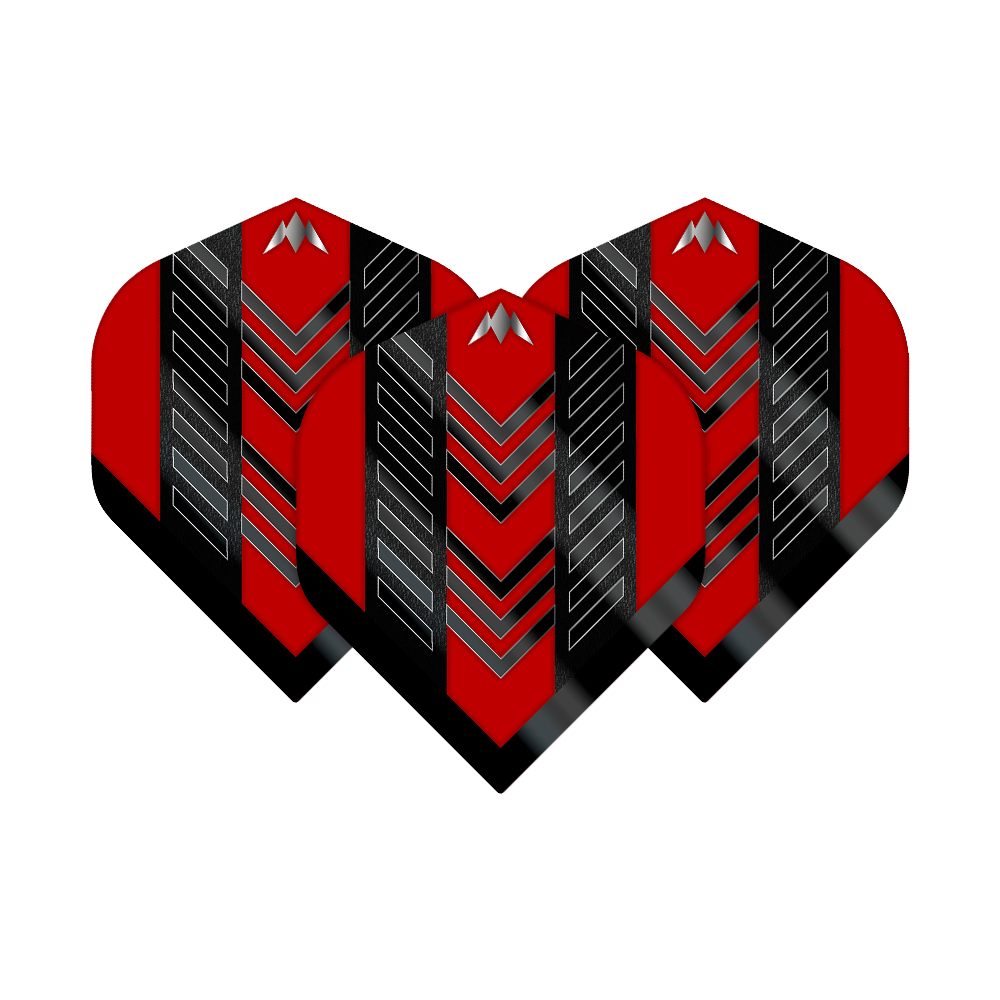 Mission Solo Rogue No2 Standard Flights Das Bild zeigt die Mission Solo Rogue No2 Standard Flights in einem auffälligen Design. Die Flights sind überwiegend rot mit schwarzen und silbernen Pfeilmustern.