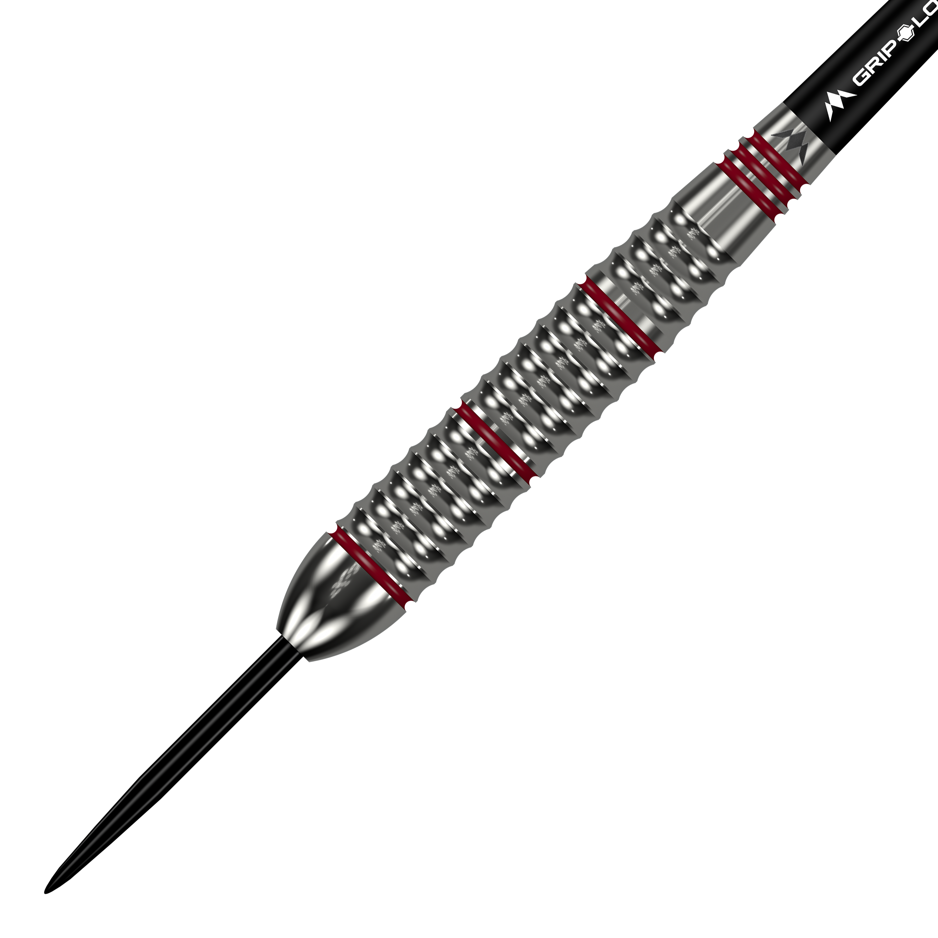 Mission Rogue Brass Steel Darts - 22g Das Bild zeigt einen Mission Rogue Brass Steeldart mit einem Gewicht von 22 Gramm. Der Dartpfeil hat ein silbernes, geriffeltes Barrel mit roten Akzenten.