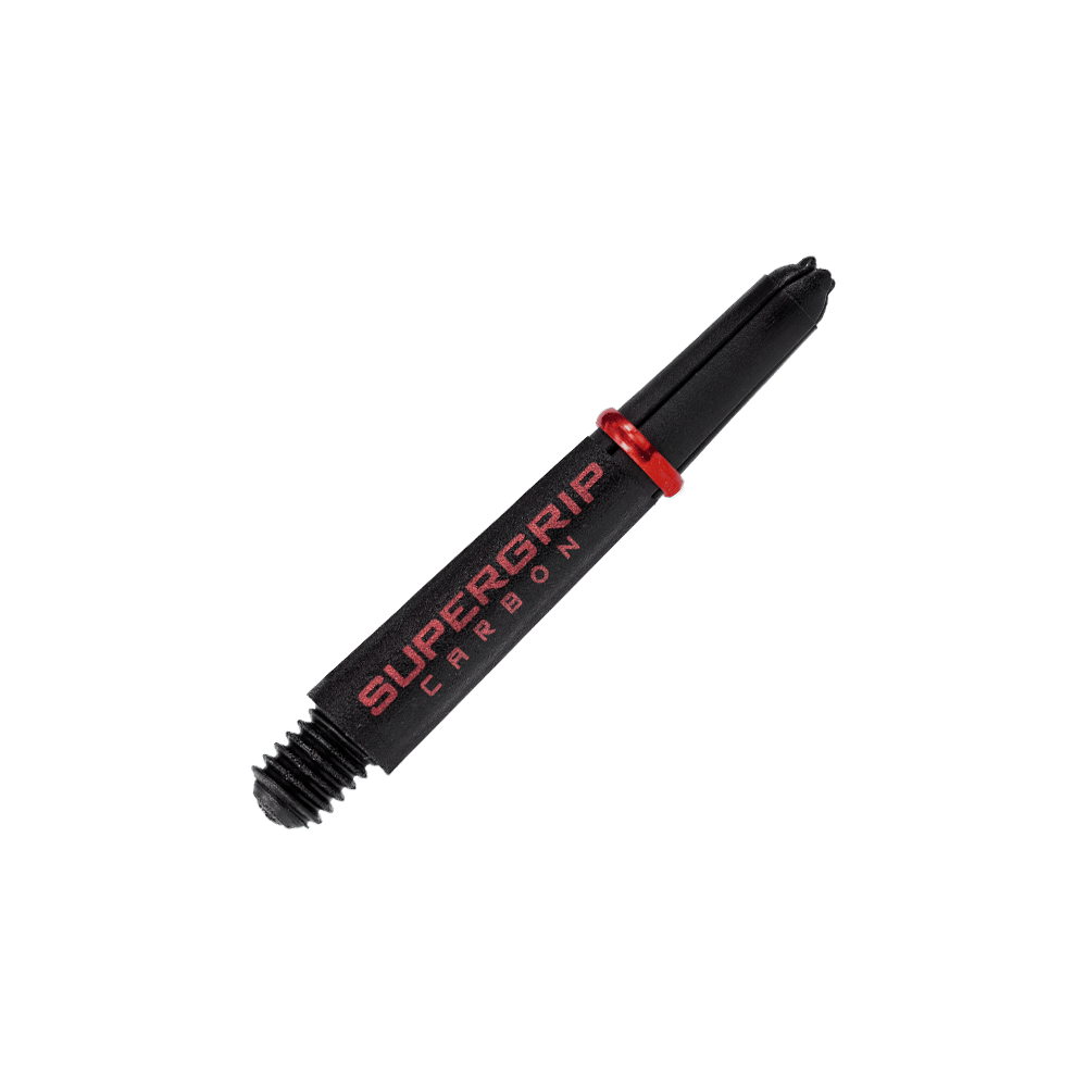 Das Bild zeigt einen Harrows Supergrip Carbon Shafts in Rot. Der Schaft ist schwarz mit roter Schrift und einem roten Ring.