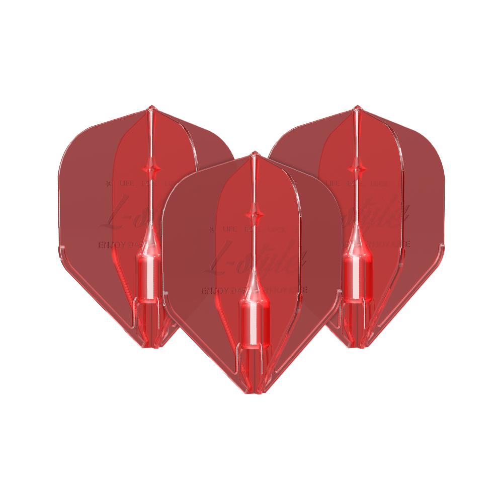 L-Style Fantom L1EZ Flights Red Das Bild zeigt drei rote Dart-Flights des Modells "L-Style Fantom L1EZ". Sie sind aus durchsichtigem Material gefertigt und haben eine klassische Form.