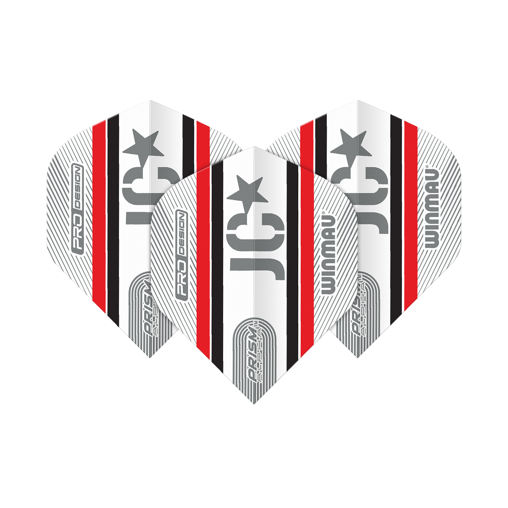 Winmau Alpha Joe Cullen Cullen 85 Standard Flights Das Bild zeigt drei Winmau Alpha Joe Cullen 85 Standard Flights für Darts. Sie sind überwiegend weiß mit schwarzen und roten Streifen sowie silbernen Aufdrucken.