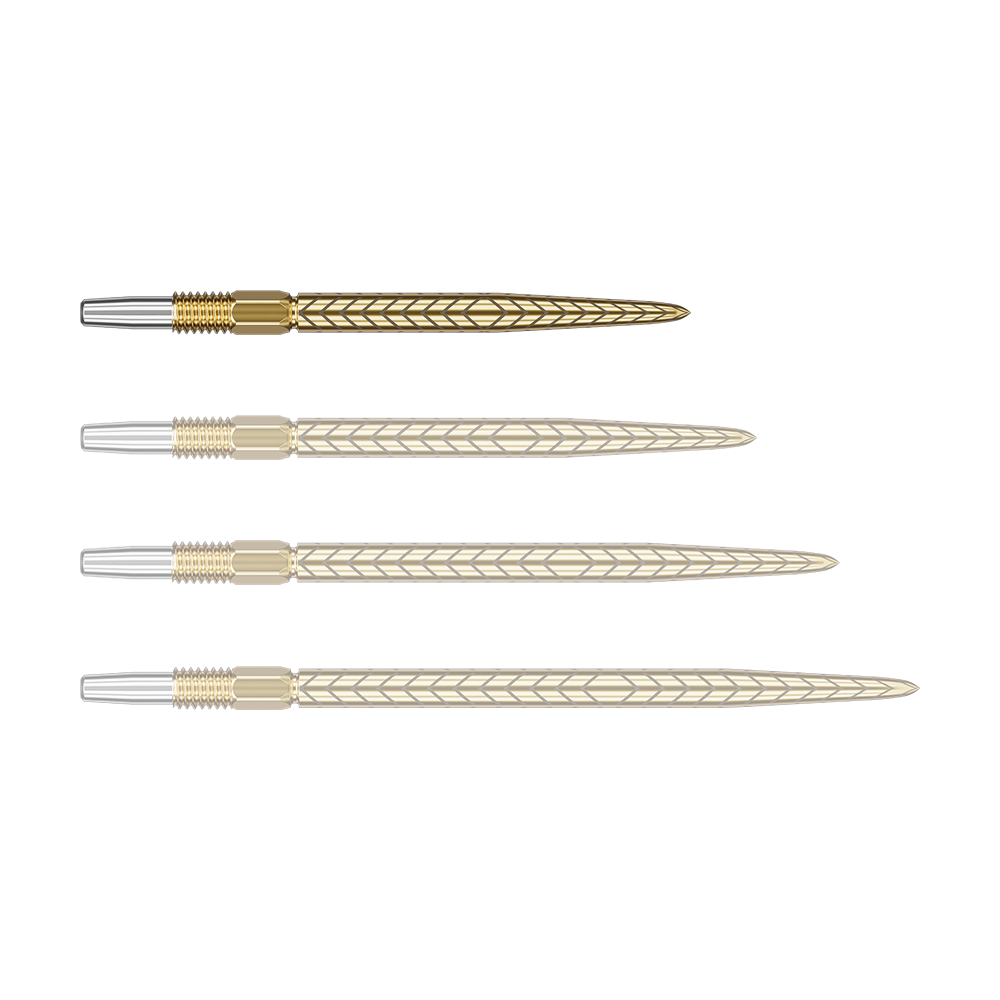 Target Swiss Point RVE dart tips - Gold Auf dem Bild sind vier goldfarbene Dartspitzen mit silbernem Gewinde zu sehen. Sie liegen nebeneinander und haben ein feines Muster auf der Oberfläche.