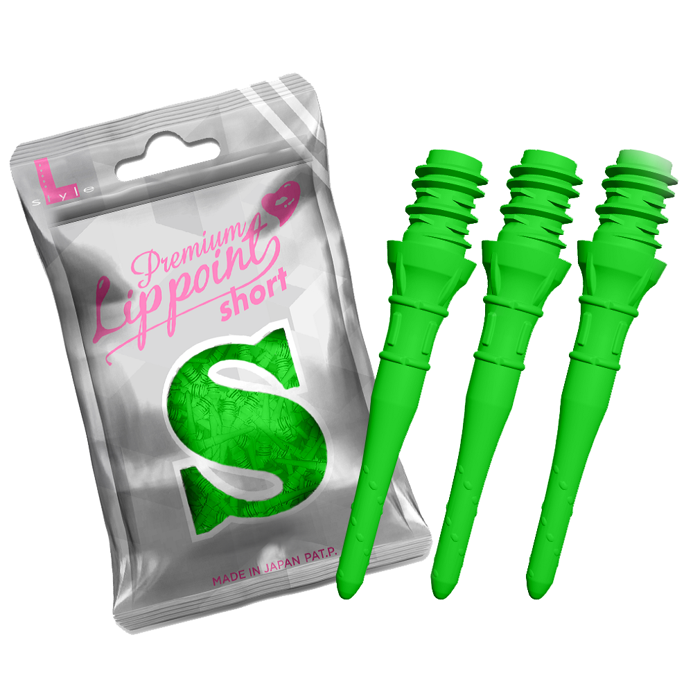 L-Style Premium Lippoints Short (30er Pack) Auf dem Bild ist eine silberne Verpackung mit der Aufschrift „Premium Lippoint short“ zu sehen. Daneben befinden sich drei kurze, neon-grüne Spitzen für Softdartpfeile.