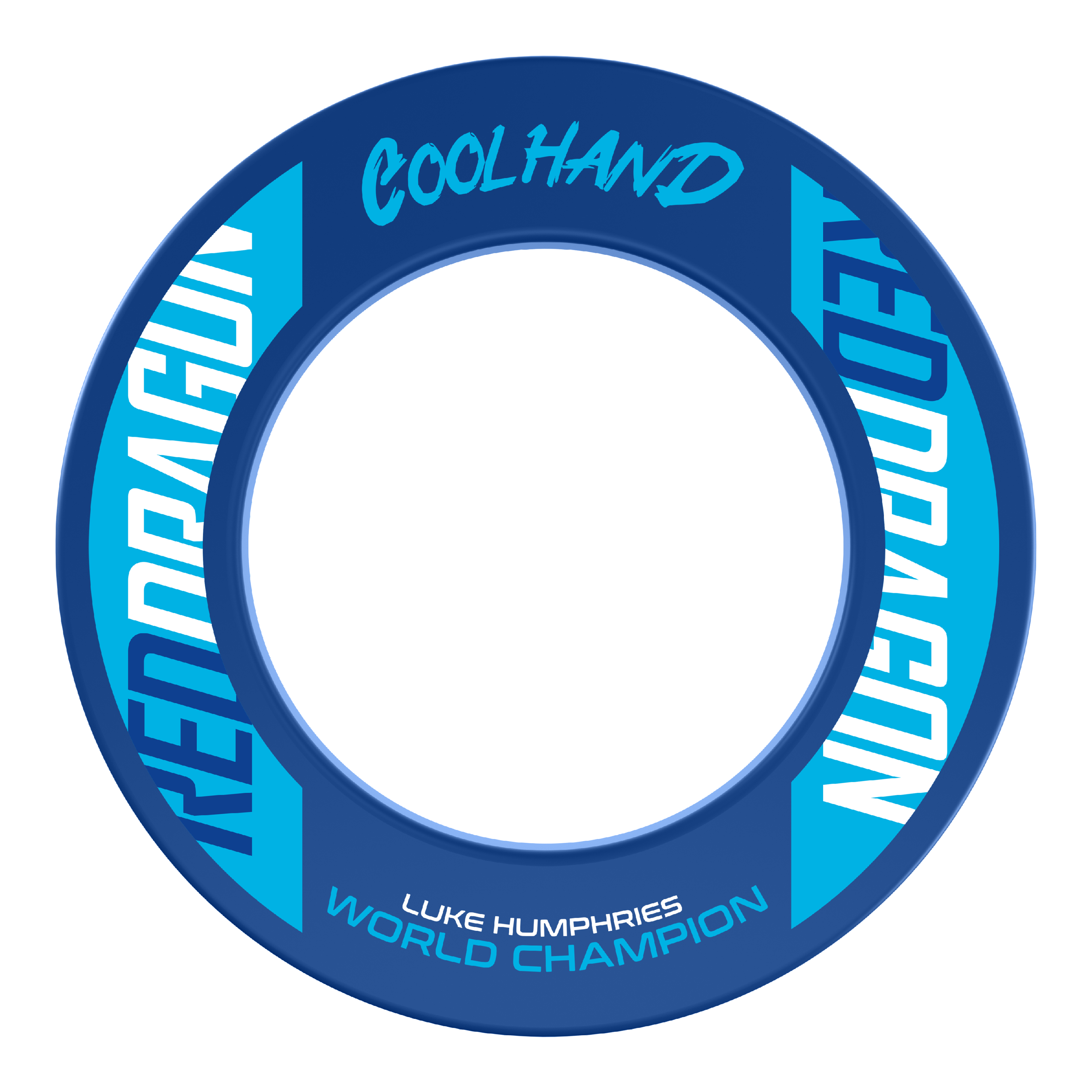Red Dragon Luke Humphries World Champion Dartboard Surround Das Bild zeigt den "Red Dragon Luke Humphries World Champion Dartboard Surround" in Blau mit weißen und hellblauen Schriftzügen. Auf dem Produkt stehen die Wörter "Coolhand", "Red Dragon" und "Luke Humphries World Champion".