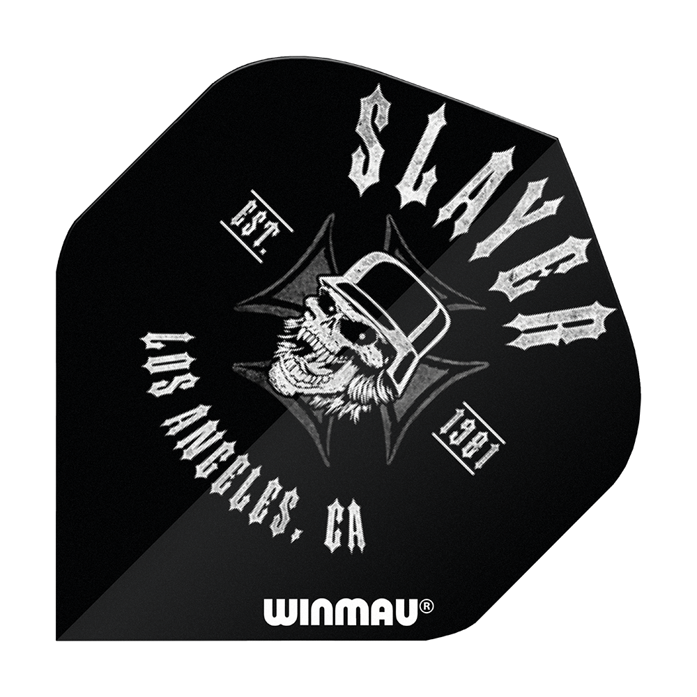 6905-222_Winmau_Rockstar_Legends_Slayer_LA_Standard_Flights_1 Das Bild zeigt ein schwarzes Dartflight mit einem weißen Totenkopf-Design und dem Schriftzug „Slayer“. Unten ist das Winmau-Logo zu sehen.
