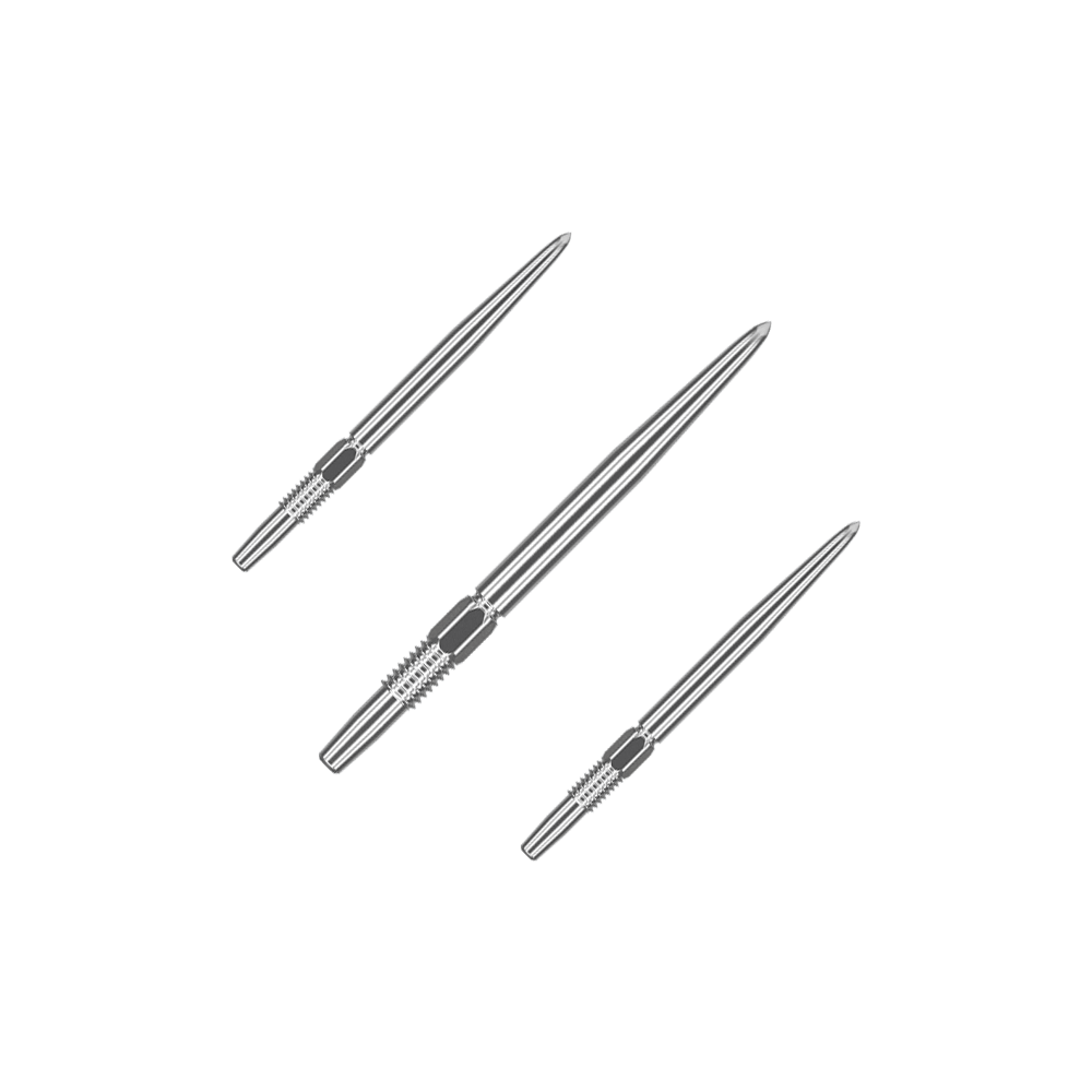 Target Swiss Point Silver dart tips Das Bild zeigt drei silberne Dartspitzen, die nebeneinander liegen. Sie sind lang und schmal mit gerillten Griffbereichen.