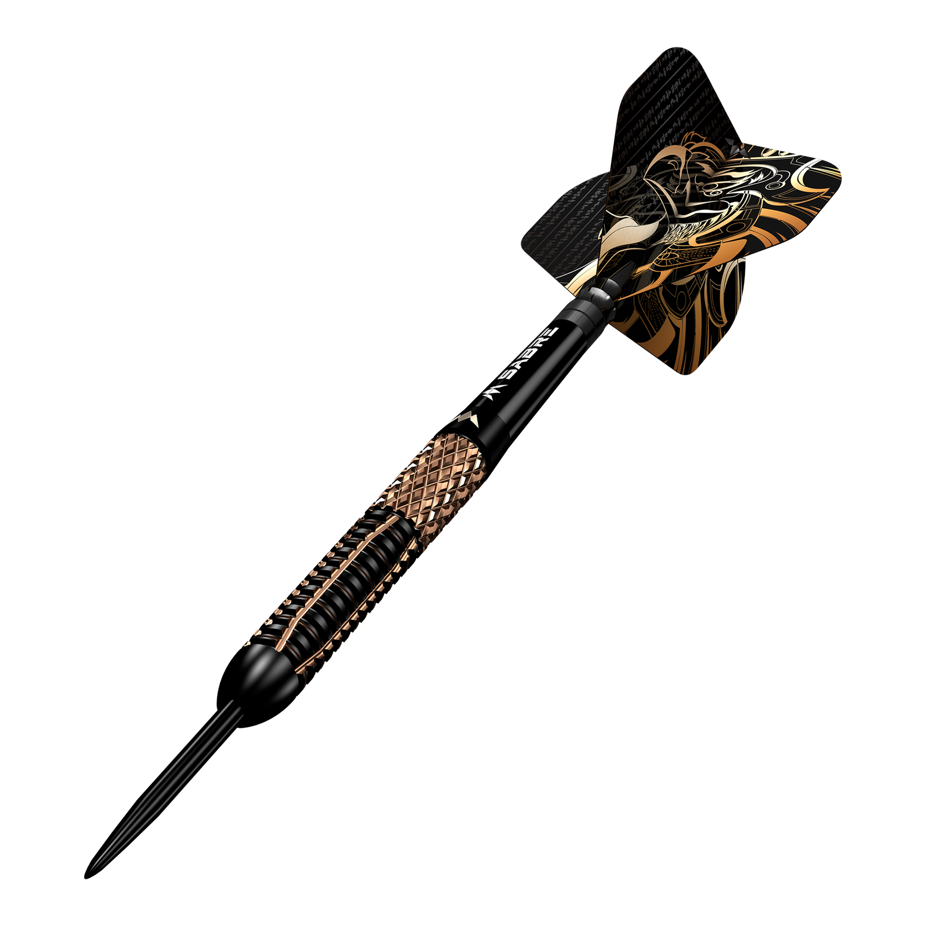 Mission Horus Steeldarts Der abgebildete Artikel ist ein Mission Horus Steeldart. Er hat ein auffälliges Design mit goldenen und schwarzen Details auf dem Schaft und den Flights.