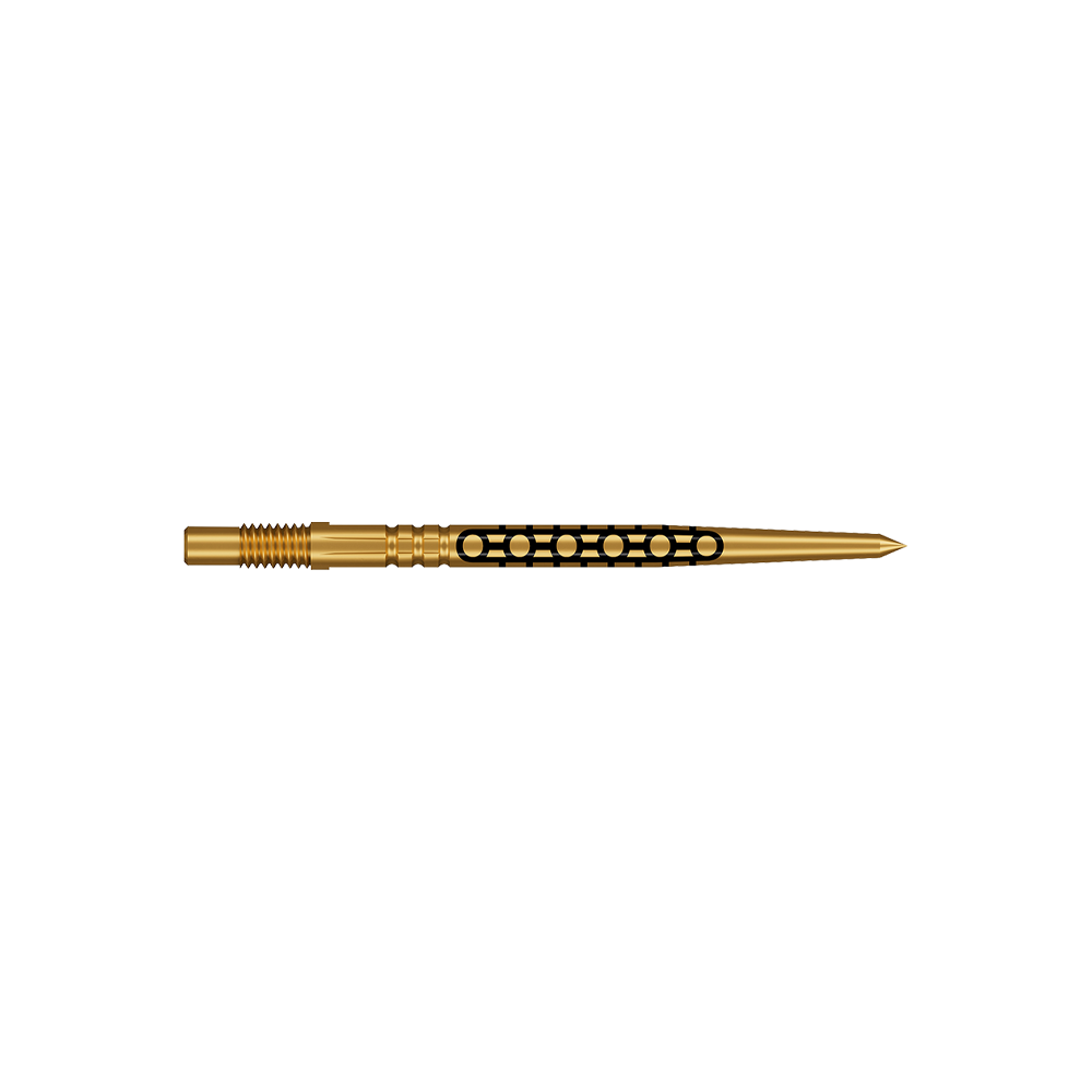 Shot Turbo Point Goths Dart Tips - Gold Zwei kurze Dartspitzen in glänzender Goldfarbe werden dargestellt. Sie haben ein feines, geriffeltes Design.