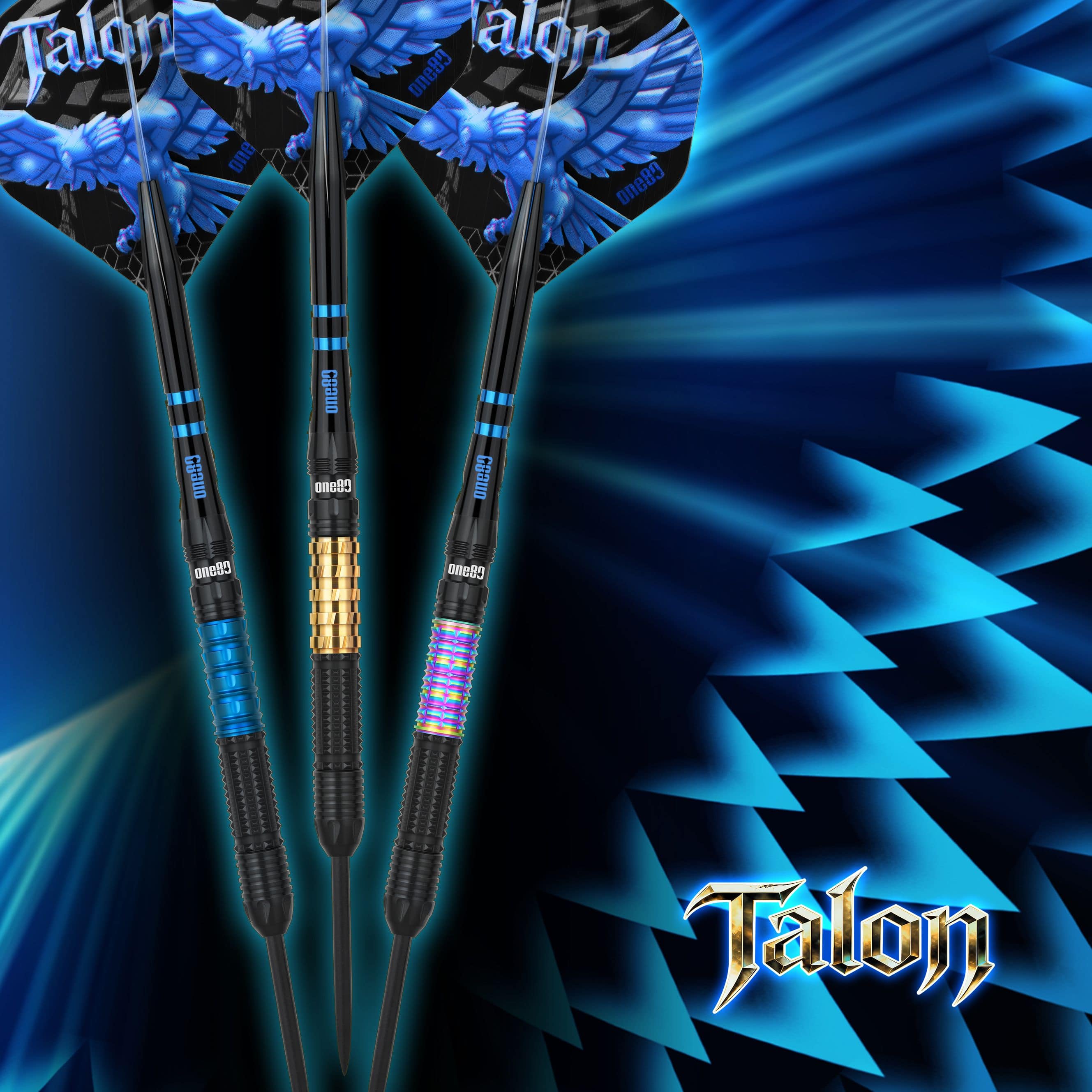 One80 Talon T1 steel darts Das Bild präsentiert die One80 Talon Steeldarts. Diese Steeldarts überzeugen durch ihre besondere Griffigkeit.