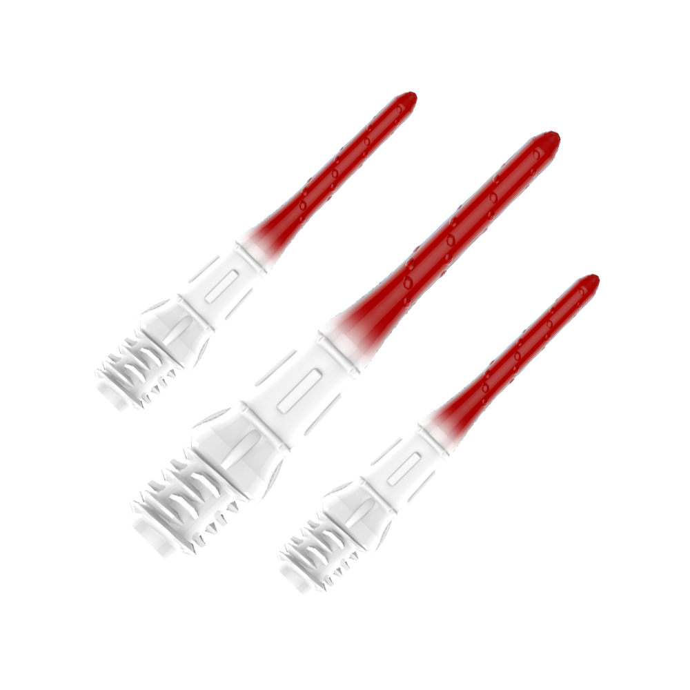 L-Style Premium Lippoint Gradiation Dart Tips (Pack of 30) Das Bild zeigt drei hochwertige Dartspitzen mit einem Farbverlauf von Weiß zu Rot. Die Spitzen sind ordentlich nebeneinander angeordnet und haben eine glänzende Oberfläche.