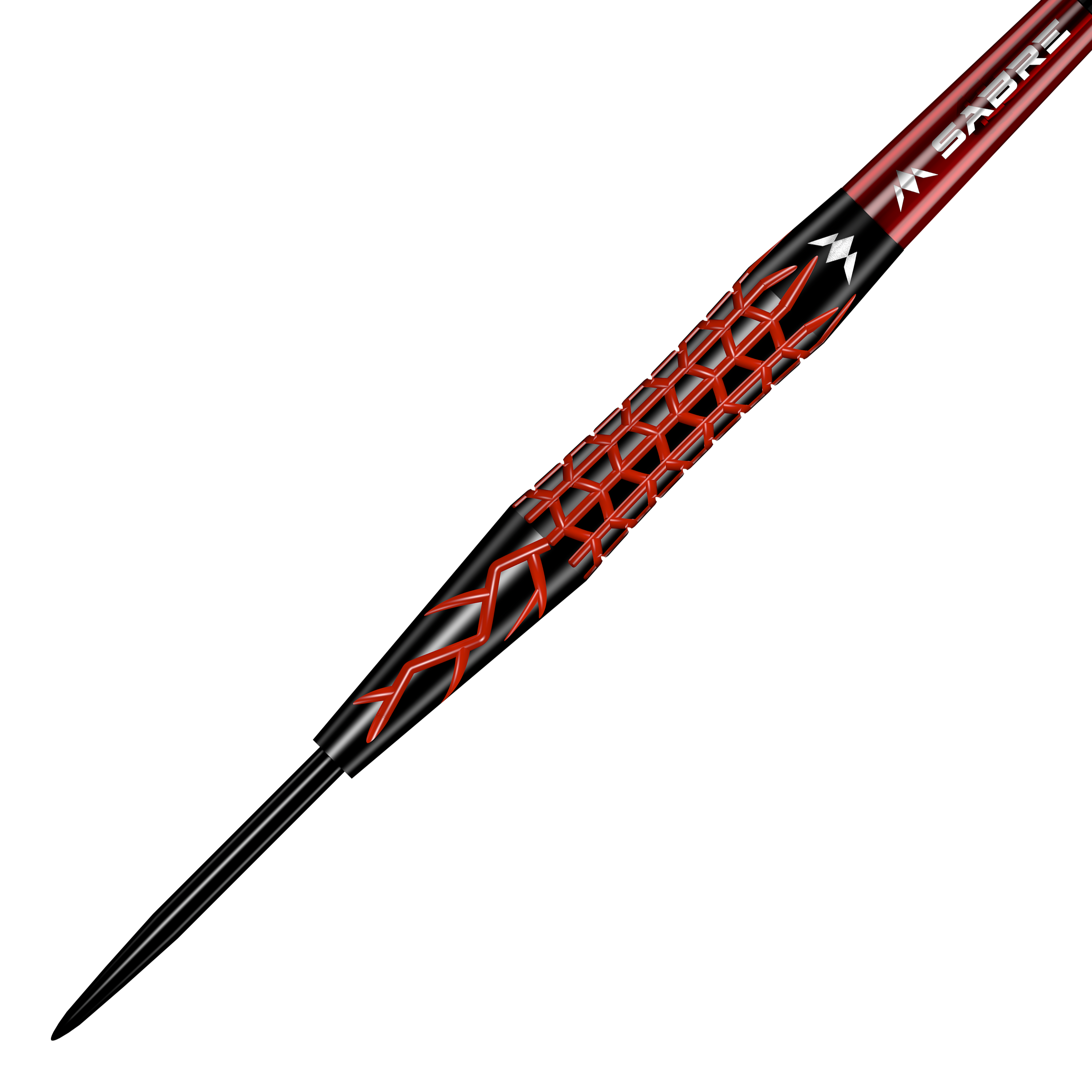 Mission Lava Steeldarts Das Bild zeigt einen Mission Lava Steeldart. Der Dart hat ein auffälliges schwarzes und rotes Design mit einem rautenförmigen Muster auf dem Griff.