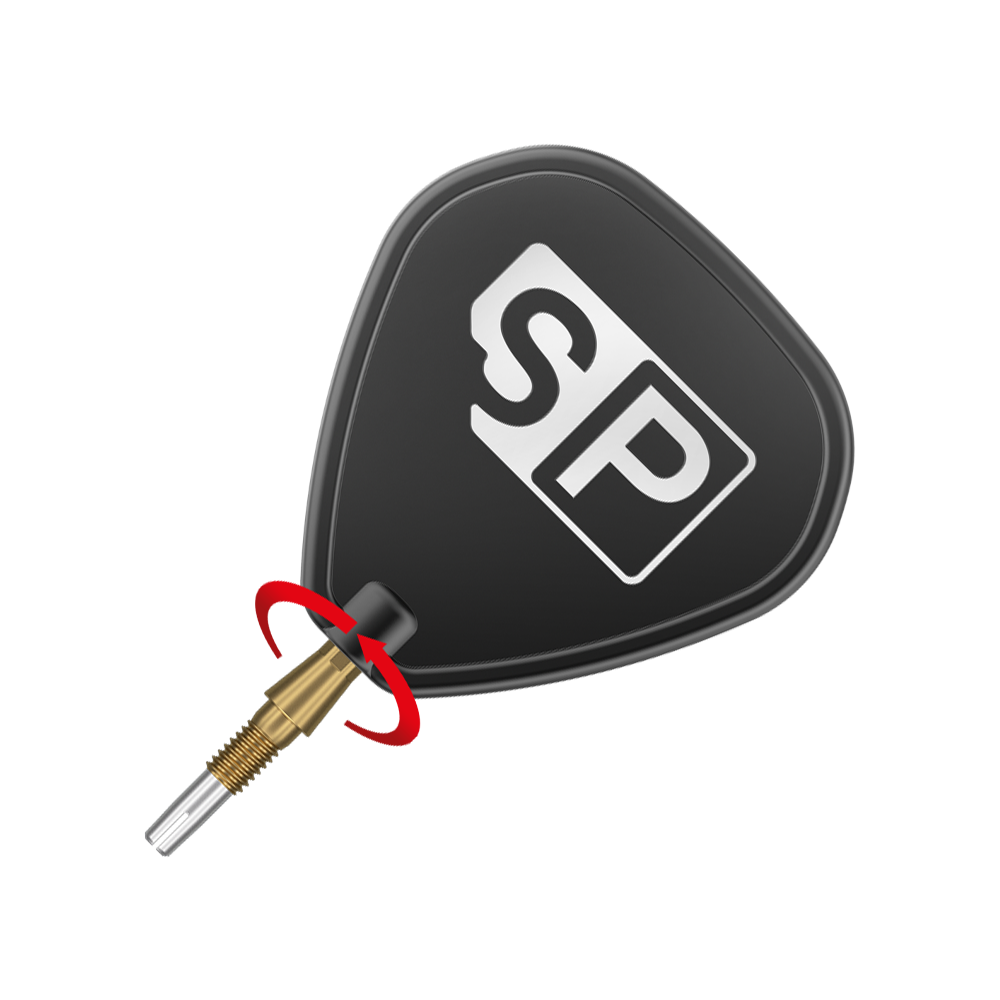 Target Swiss Storm Onyx Point Dart Tips - Gold Das Bild zeigt eine goldene Dartspitze des Produkts "Target Swiss Storm Onyx Point Dartspitzen". Ein schwarzes Dartflügel mit der Aufschrift "SP" ist ebenfalls zu sehen.