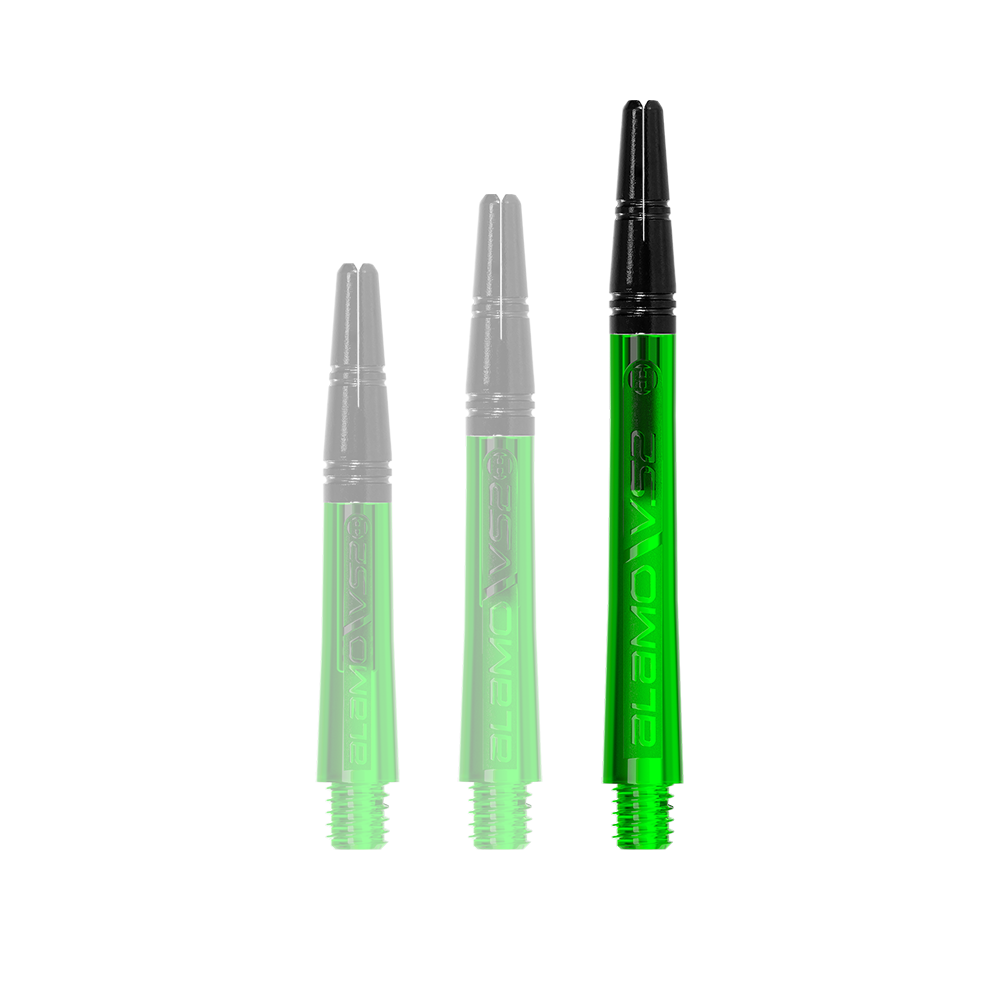 Harrows Alamo VS2 Shafts - Green Einer der Dart-Schäfte wird auf schlichter Oberfläche separat gezeigt. Der Schaft ist gleichmäßig geformt.