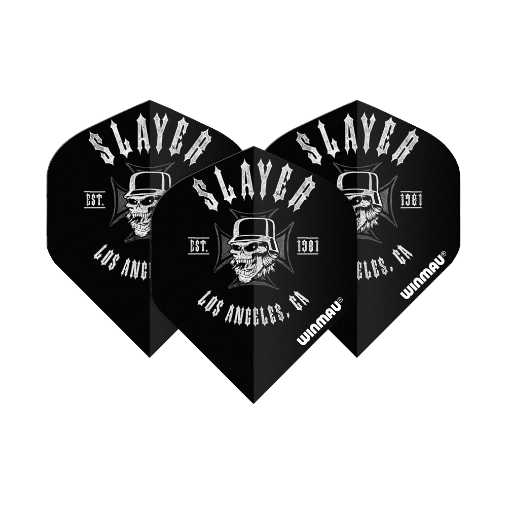 6905-222_Winmau_Rockstar_Legends_Slayer_LA_Standard_Flights_1sIapimbDef1fB Das Bild zeigt drei schwarze Darts-Flights mit dem Aufdruck "SLAYER" und einem Totenkopf mit Zylinder. Darunter stehen die Schriftzüge "LOS ANGELES, CA", "EST. 1981" und "Winmau".