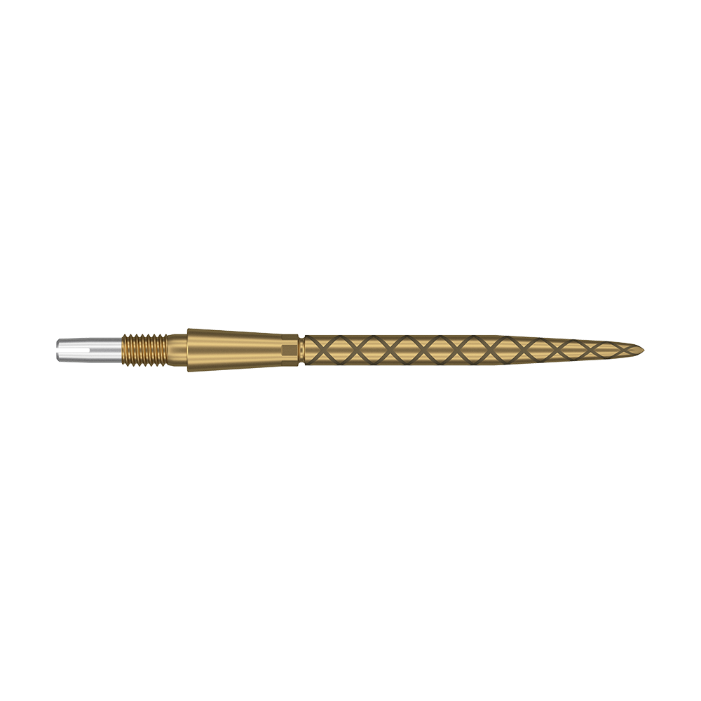 Target Swiss Storm Diamond Point Dart Tips - Gold Auf dem Bild ist eine goldene Dartspitze mit Diamantmuster zu sehen. Die Spitze ist lang und hat am hinteren Ende einen silbernen Schraubaufsatz.