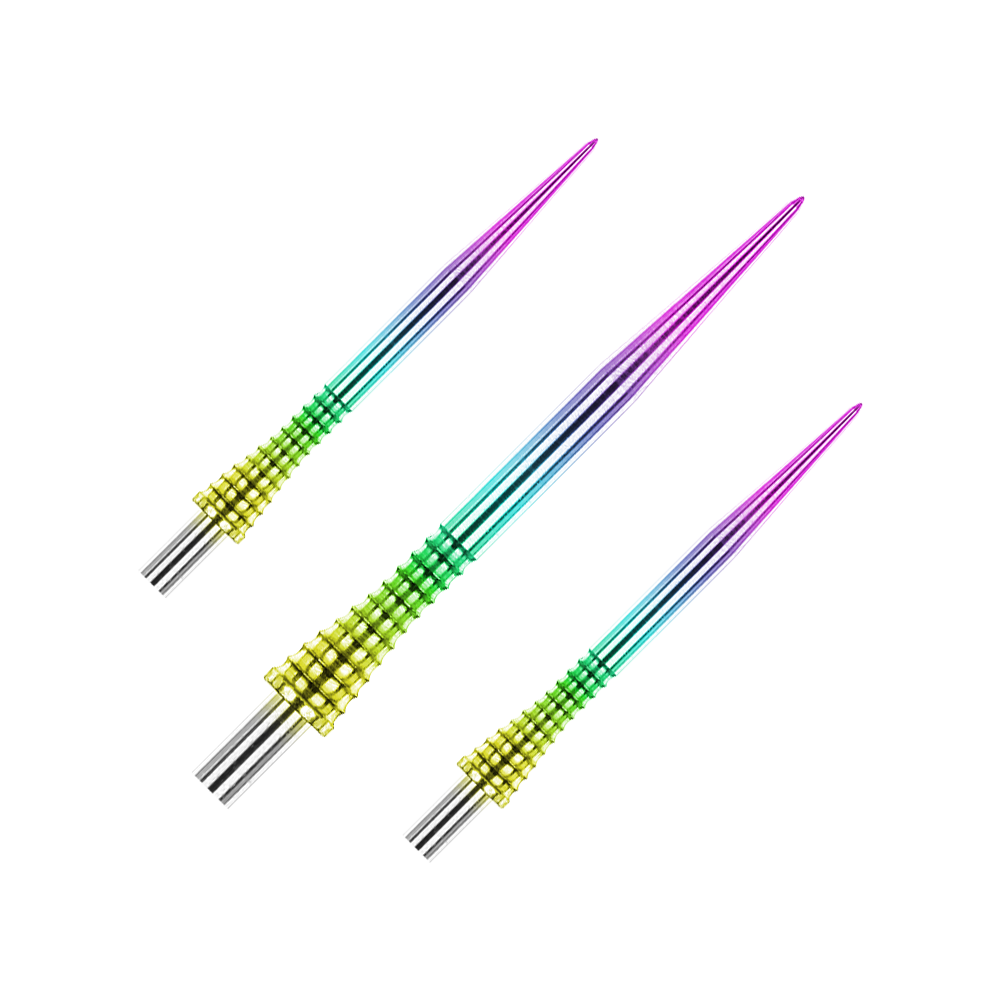 Red Dragon Raptor Gripped Rainbow steel dart tips 30mm Das Bild zeigt drei bunte Steeldartspitzen mit einem Regenbogen-Farbverlauf. Die Spitzen haben einen strukturierten, gelb-grünen Griffbereich und gehören zum Produkt "Red Dragon Raptor Gripped Rainbow Steeldartspitzen 38mm".