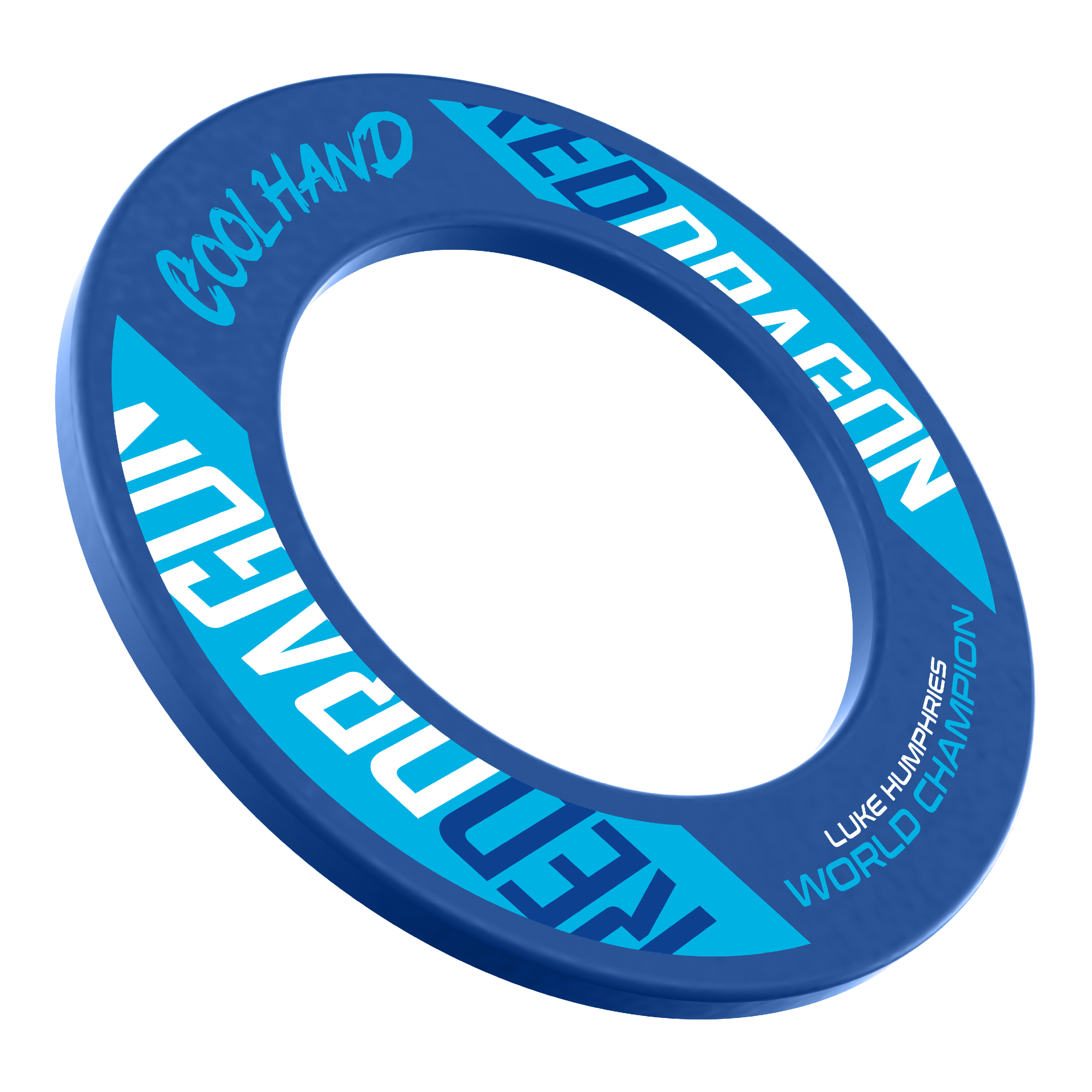 Red Dragon Luke Humphries World Champion Dartboard Surround Das Bild zeigt ein blaues Dartboard-Surround mit der Aufschrift "Red Dragon" und "Cool Hand". Auf dem Surround steht außerdem "Luke Humphries World Champion".