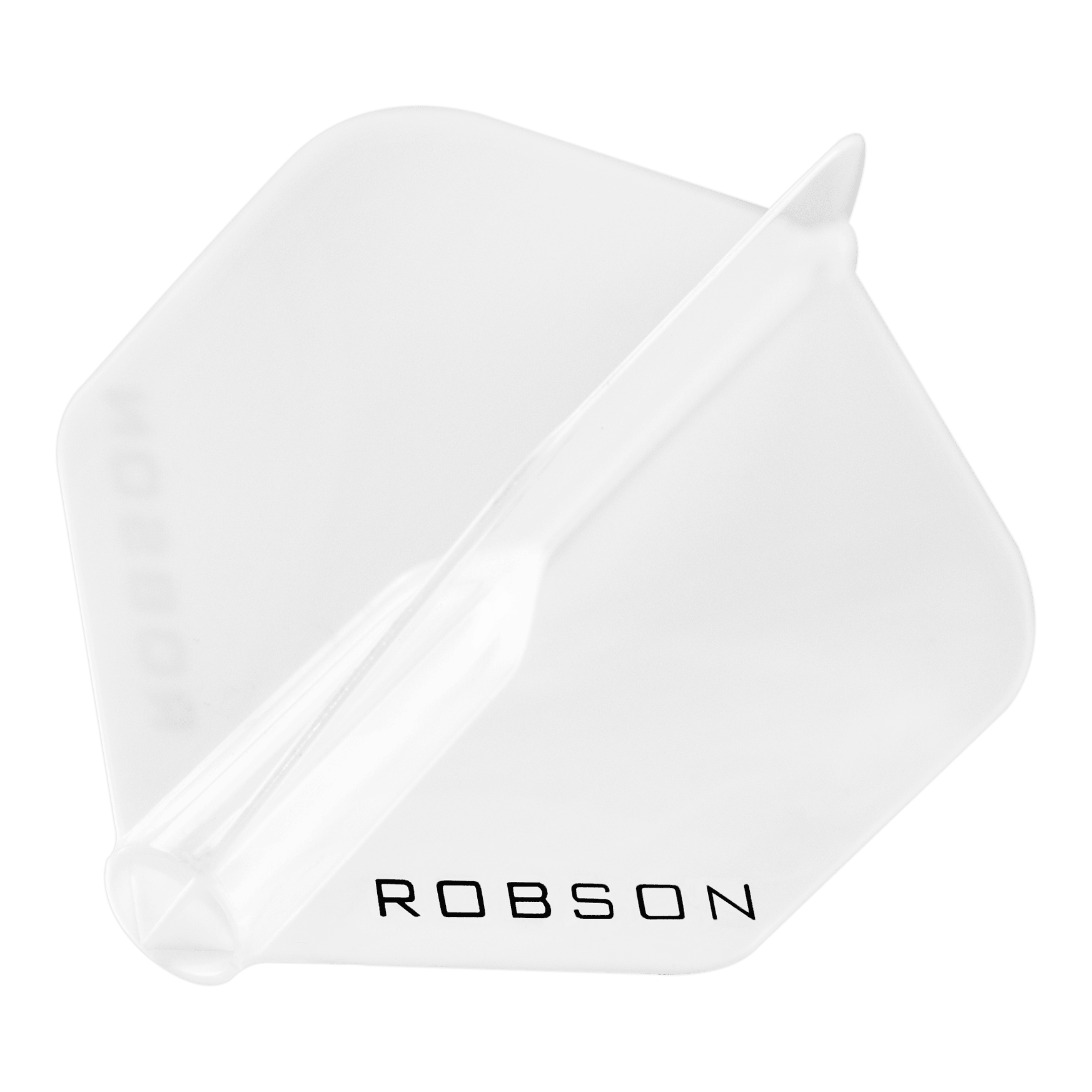 Robson Plus Standard Flights Das Bild zeigt einen transparenten Dartflight mit der Aufschrift "ROBSON". Der Flight hat eine standardmäßige, sechseckige Form.