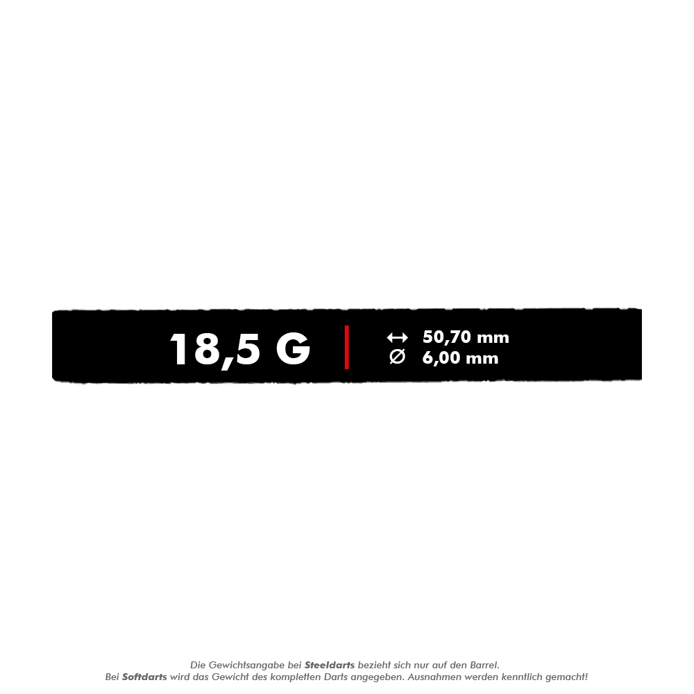 McDart 85 Tungsten V24 Softdarts - 18.5g Das Bild zeigt die Produktspezifikationen der McDart 85er Tungsten V24 Softdarts mit einem Gewicht von 18,5 g. Die Darts sind 50,70 mm lang und haben einen Durchmesser von 6,00 mm.
