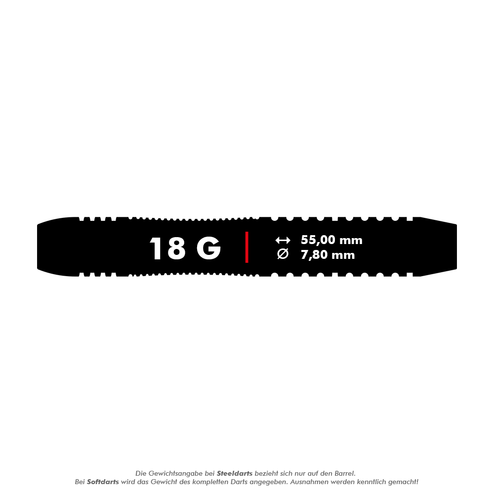 Target Rob Cross Brass Soft Darts - 18g Das Bild zeigt die technischen Daten des Produkts "Target Rob Cross Brass Softdarts - 18g". Der Dart wiegt 18 Gramm, ist 55,00 mm lang und hat einen Durchmesser von 7,80 mm.