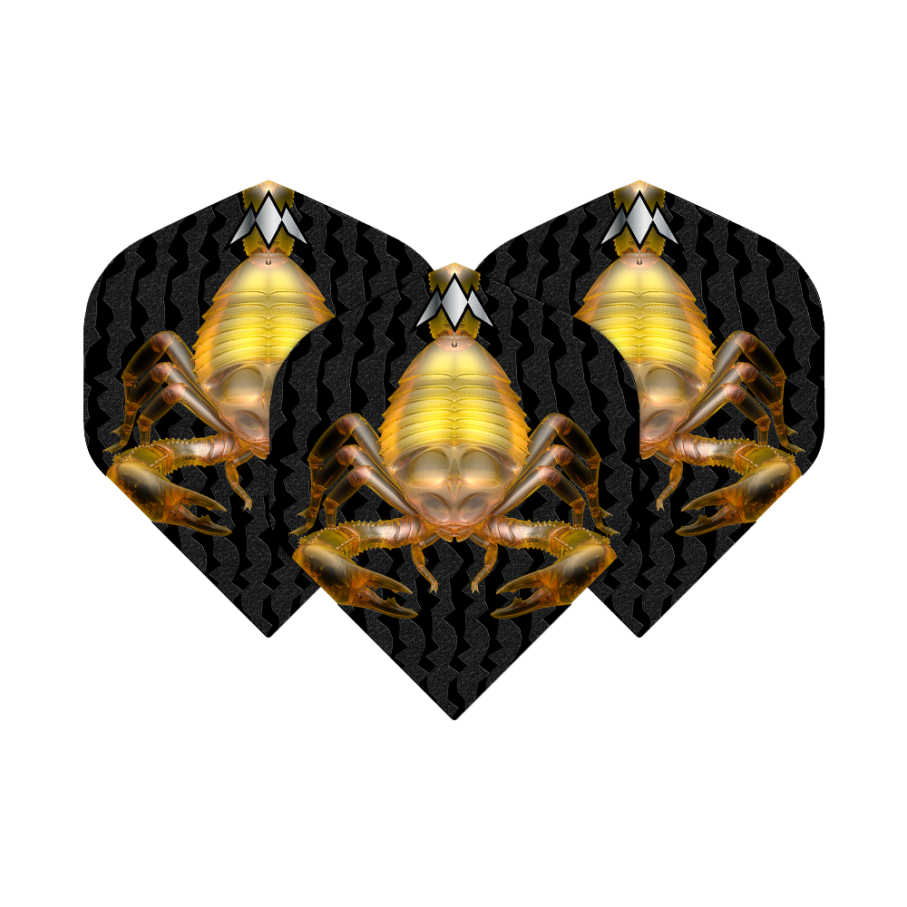 Das Bild zeigt drei Dart-Flights mit einem auffälligen Skorpion-Design auf schwarzem Hintergrund. Die Flights sind Teil des Produkts "Mission Solo Scorpion No2 Standard Flights".