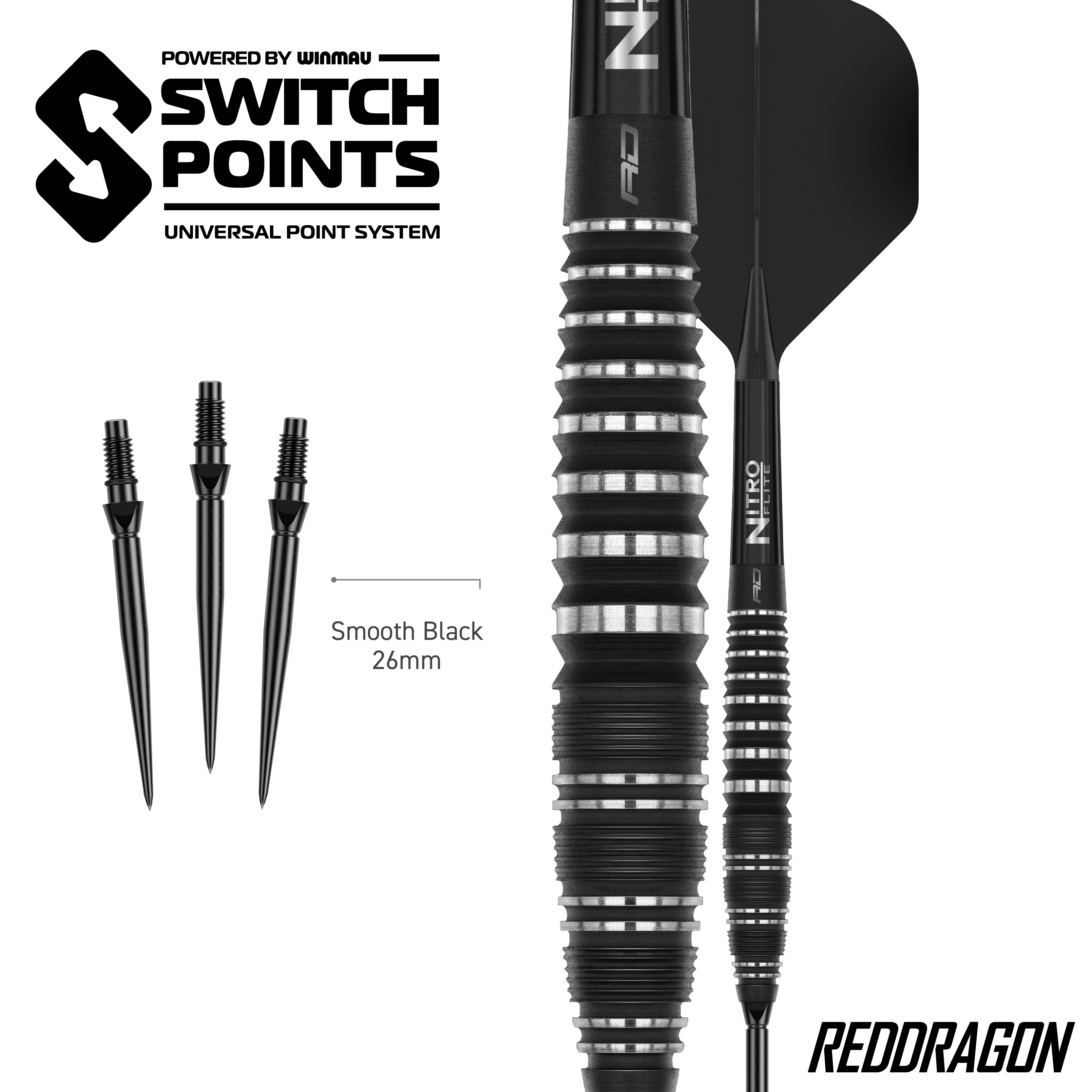 Zu sehen sind die Red Dragon Sable Bomb Switch Point Steeldarts. Die Darts sind robust und für präzises Spiel konzipiert.