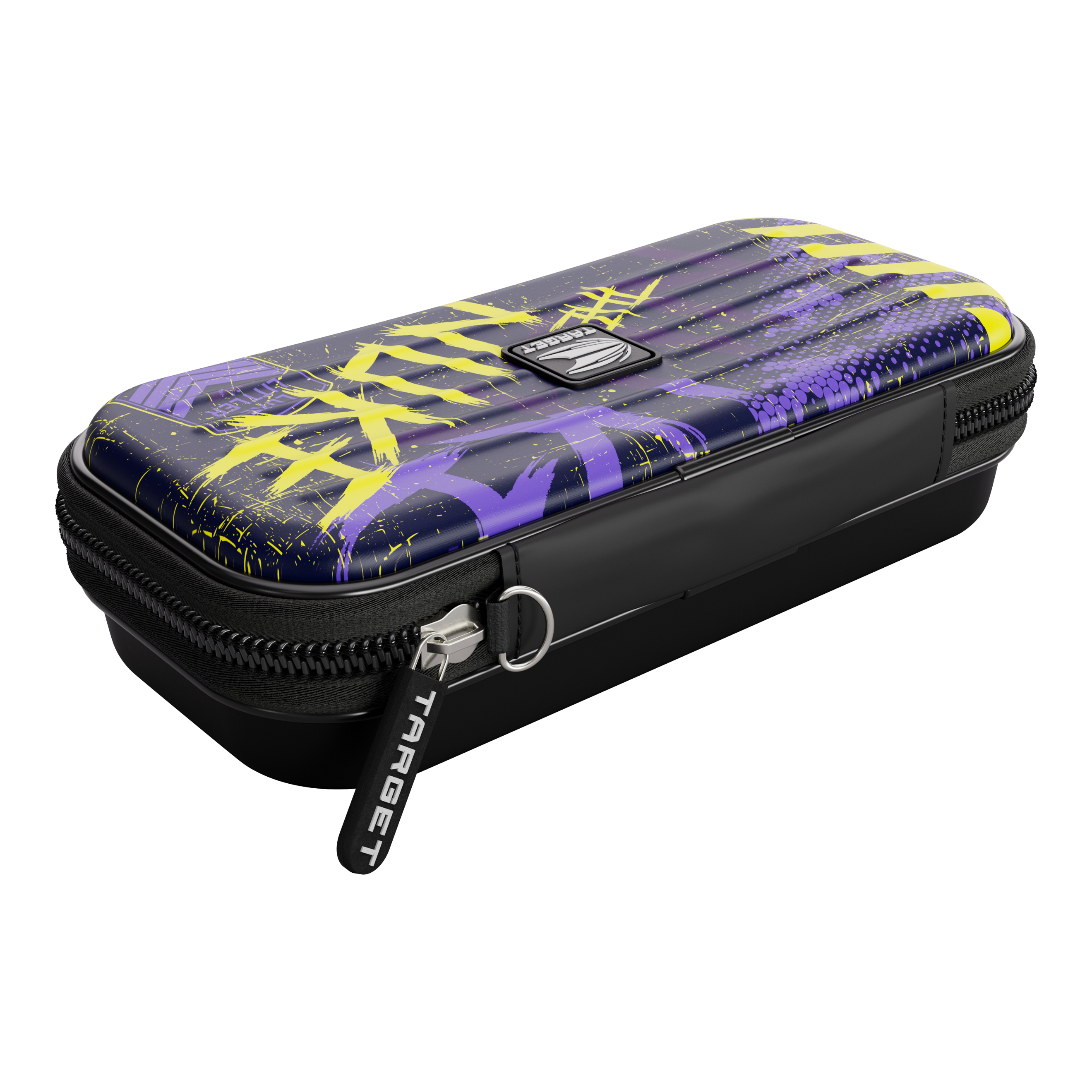 Target Takoma Luke Littler dart case Das Bild zeigt das "Target Takoma Luke Littler Dartcase" mit einem auffälligen Design in Lila, Gelb und Schwarz. Das Etui hat einen Reißverschluss und das Target-Logo ist gut sichtbar.