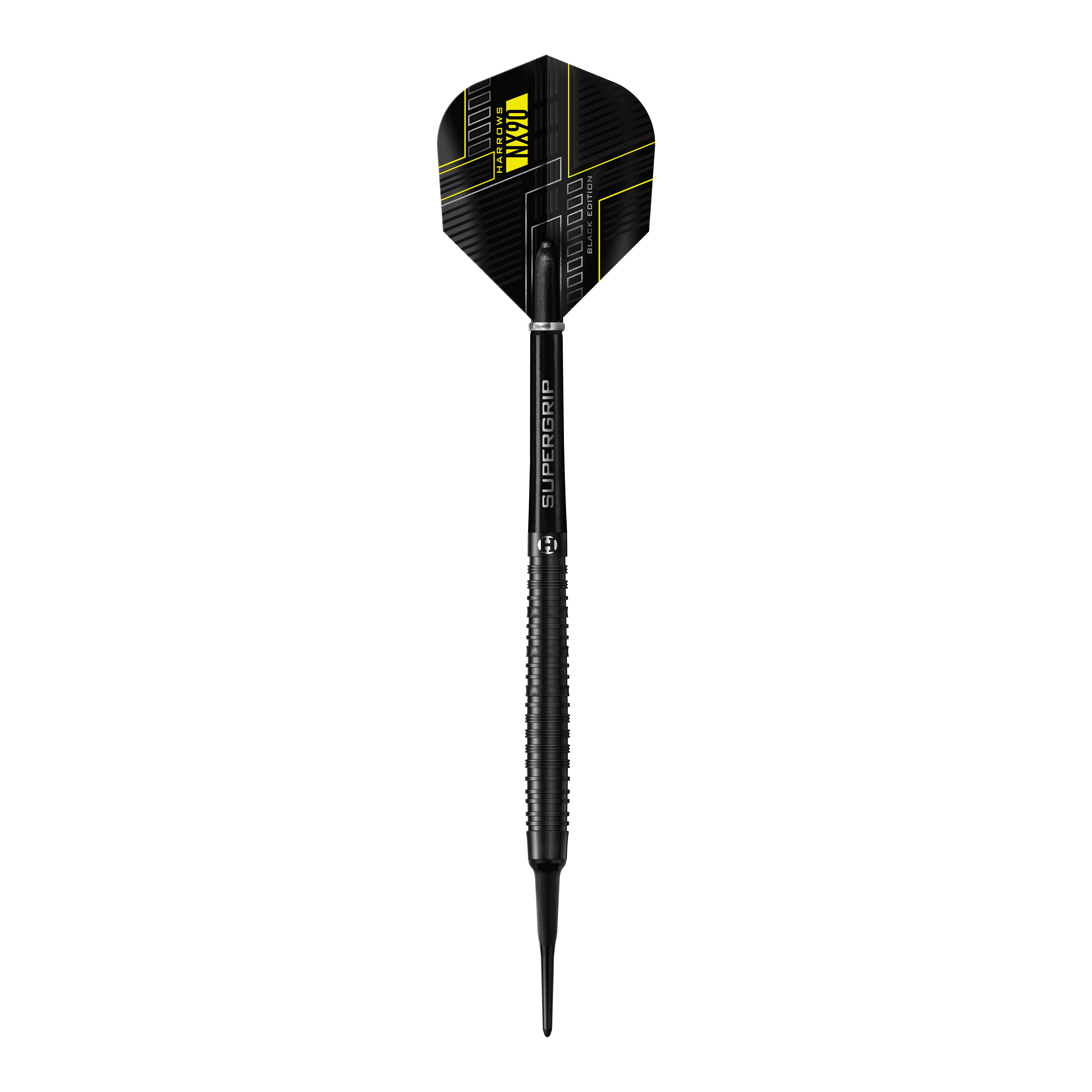 Harrows NX90 Black Edition soft darts Das Bild zeigt einen Harrows NX90 Black-Edition Softdart. Der Dart ist schwarz mit gelben Akzenten und hat ein modernes, technisches Design.