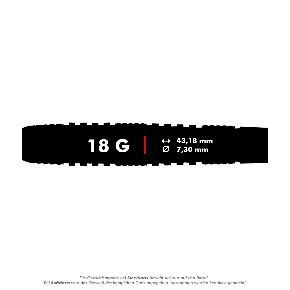 RD2563_Red_Dragon_Luke_Humphries_TX2_Atomised_Softdarts_5_18g Das Bild zeigt die Maße und das Gewicht des Produkts "Red Dragon Luke Humphries TX2 Atomised Softdarts - 18g". Der Dart wiegt 18 Gramm, ist 43,18 mm lang und hat einen Durchmesser von 7,30 mm.